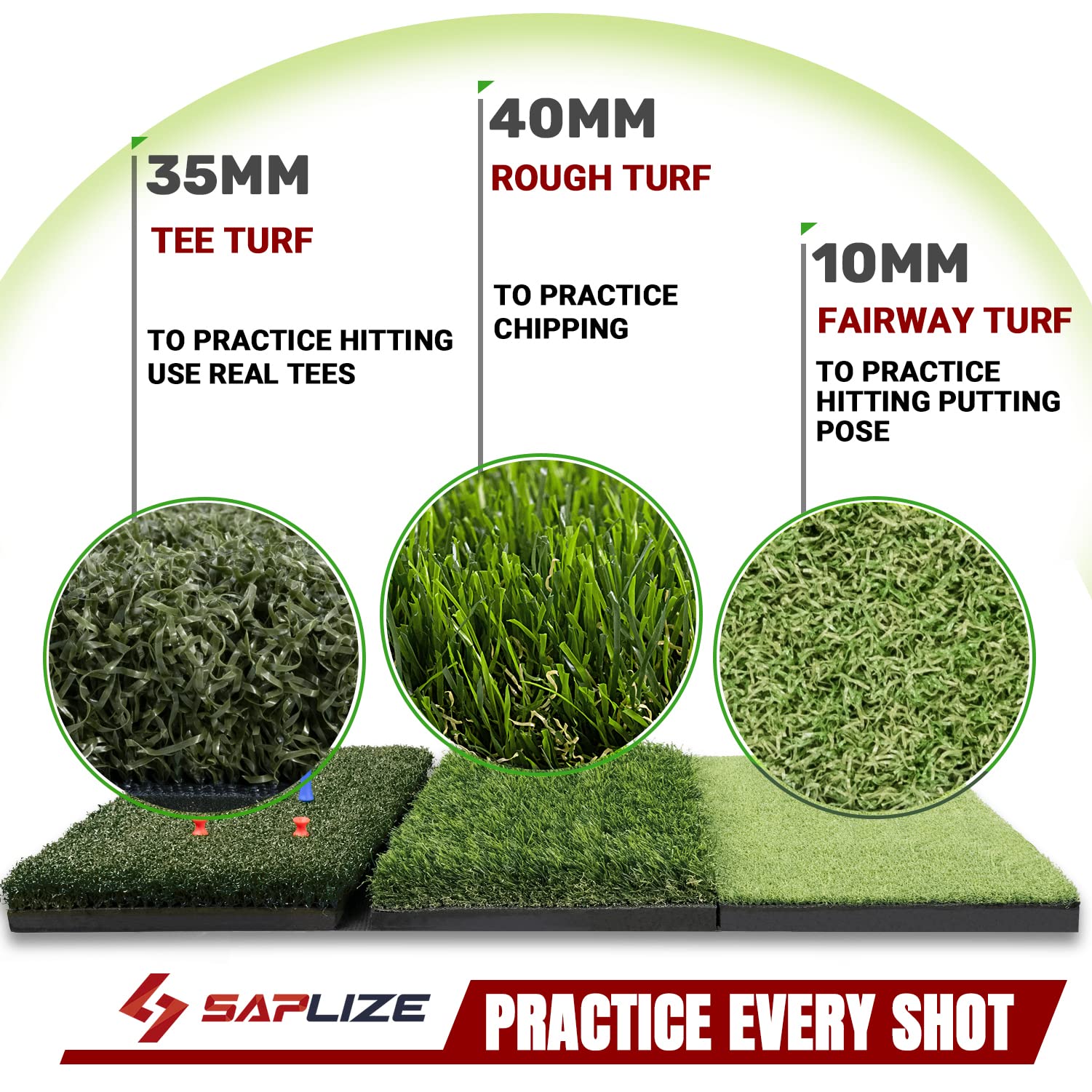 Saplize 30''X15'' Foldable 3-In-1 Golf Hitting Mat, Tight Lie, Rough And Fairway For Driving, Chipping, And Putting Training, Po