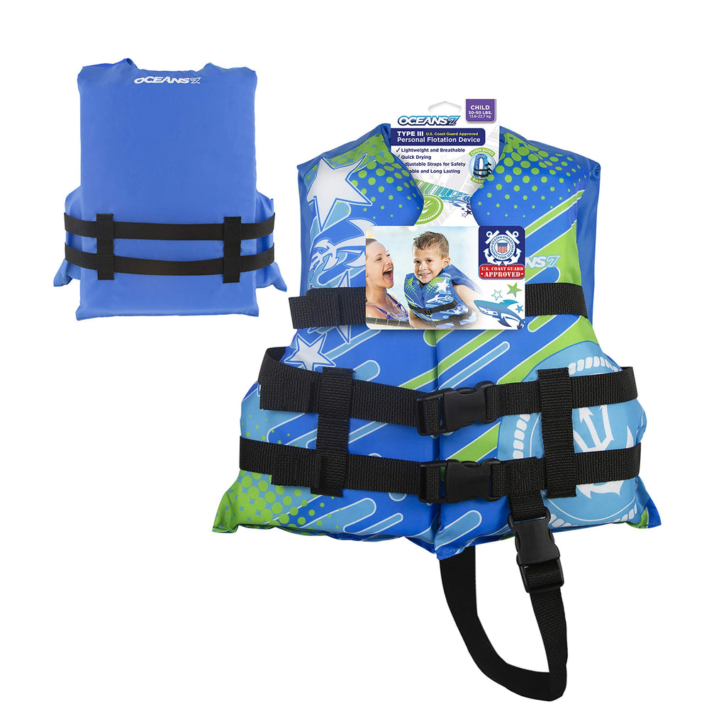 Oceans7 US Coast Guard-Approved, Type III - Kids Life Jacket - Personal Flotation Device with Comfortable Flex-Form-Fit Open-Sid