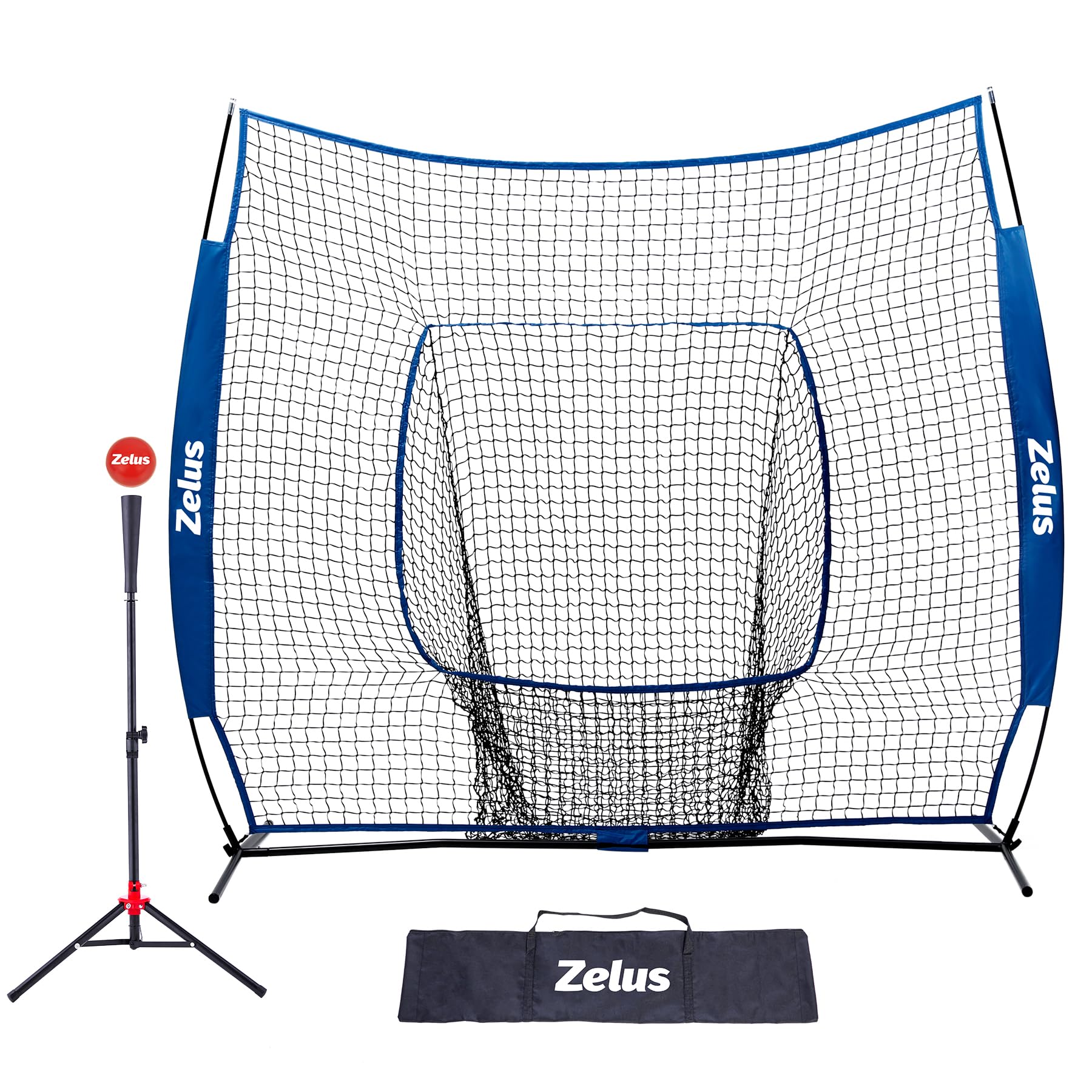Baseball and Softball Practice Net 77 Portable Hitting Training With Carry Bag & Metal Frame + Batting Tee (Blue)