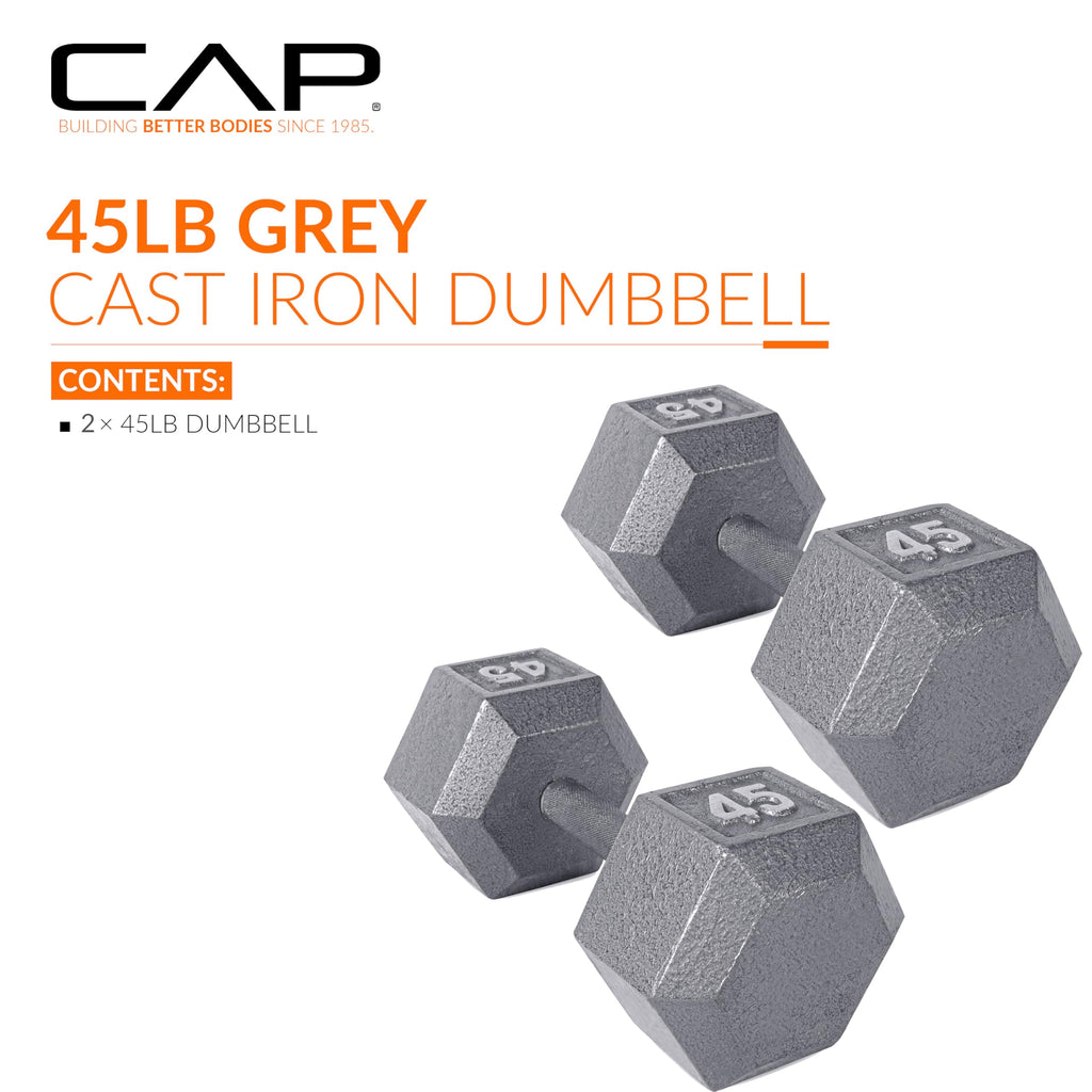 CAP Barbell 45 LB Cast Iron Hex Dumbbell Hand Weight - Pair | Grey