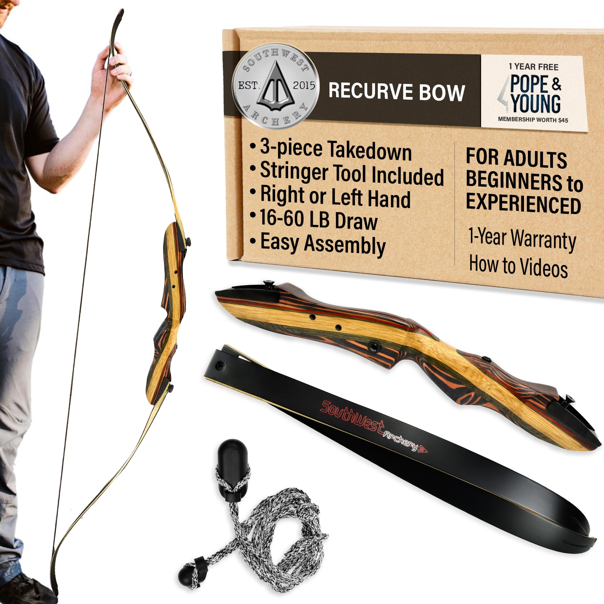 Southwest Archery Tigershark Takedown Recurve Bow - 62 Hunting Bow - Left & Right Handed - Draw Weights In 16Lb-60Lb - Usa Based