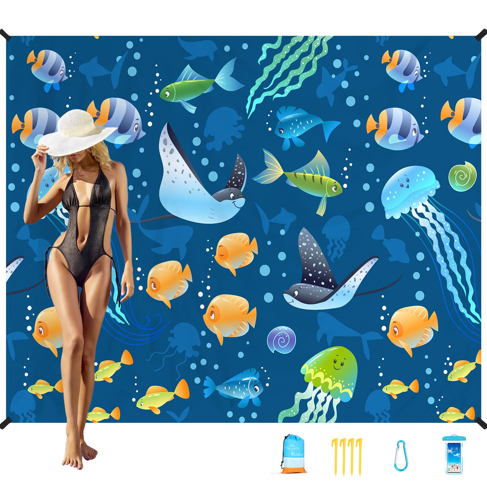 Famstar Beach Blanket Oversized Extra Large78 X110,Waterproof Sandproof Beach Blanket 2-8 Adults Lightweight Durable For Travel