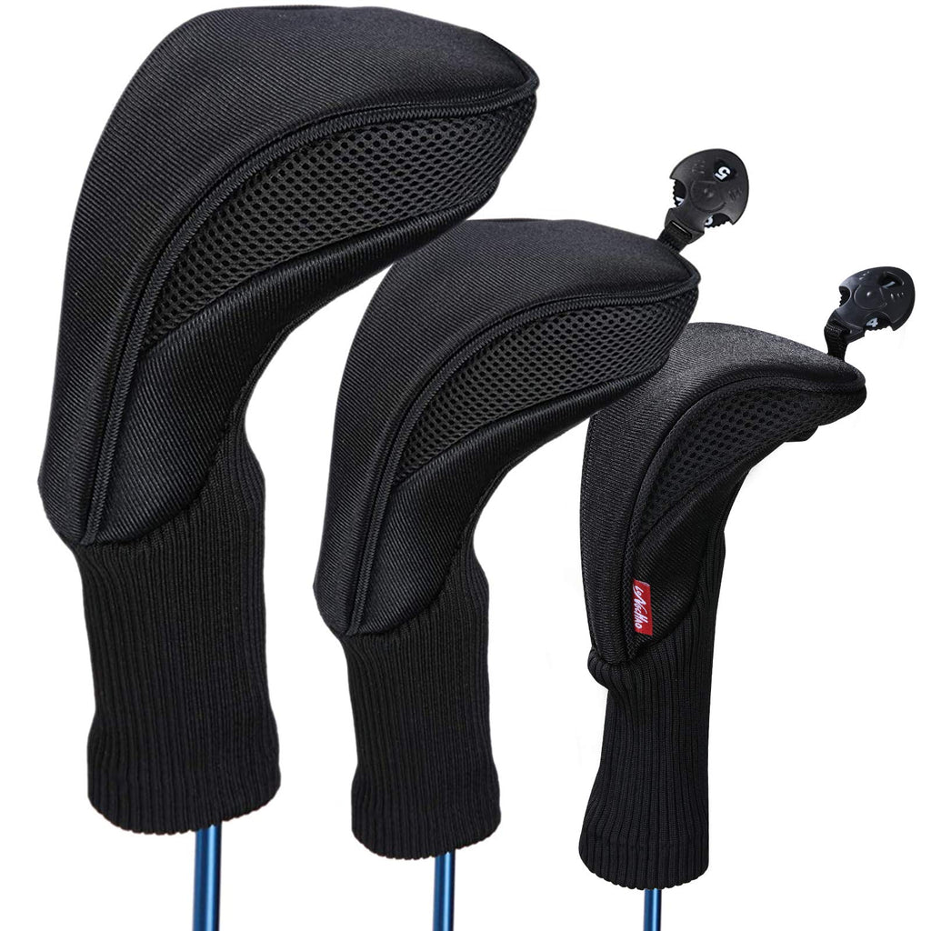 Black Golf Club Head Cover For Driver Fairway 3 Pcs Woods Headcovers, Golf Accessories Hybrid Head Covers Set With Interchangeab