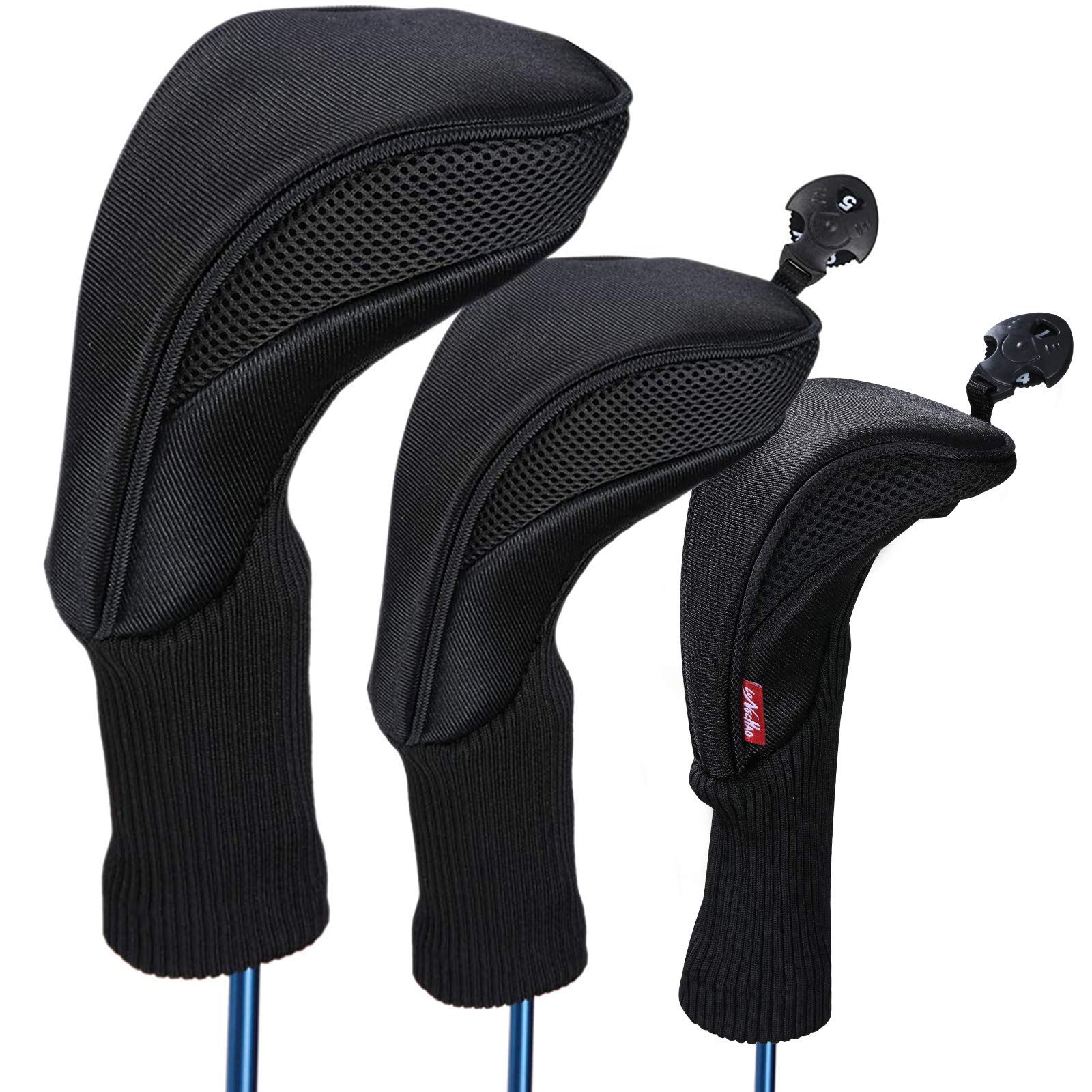 Black Golf Club Head Cover For Driver Fairway 3 Pcs Woods Headcovers, Golf Accessories Hybrid Head Covers Set With Interchangeab