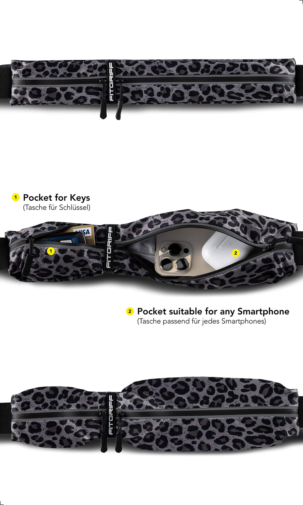 Fitgriff Running Belt For Men & Women - Secure Jogging Pouch For Phone, Keys & Essentials - For All Cell Phones (Leopard, 33.5''