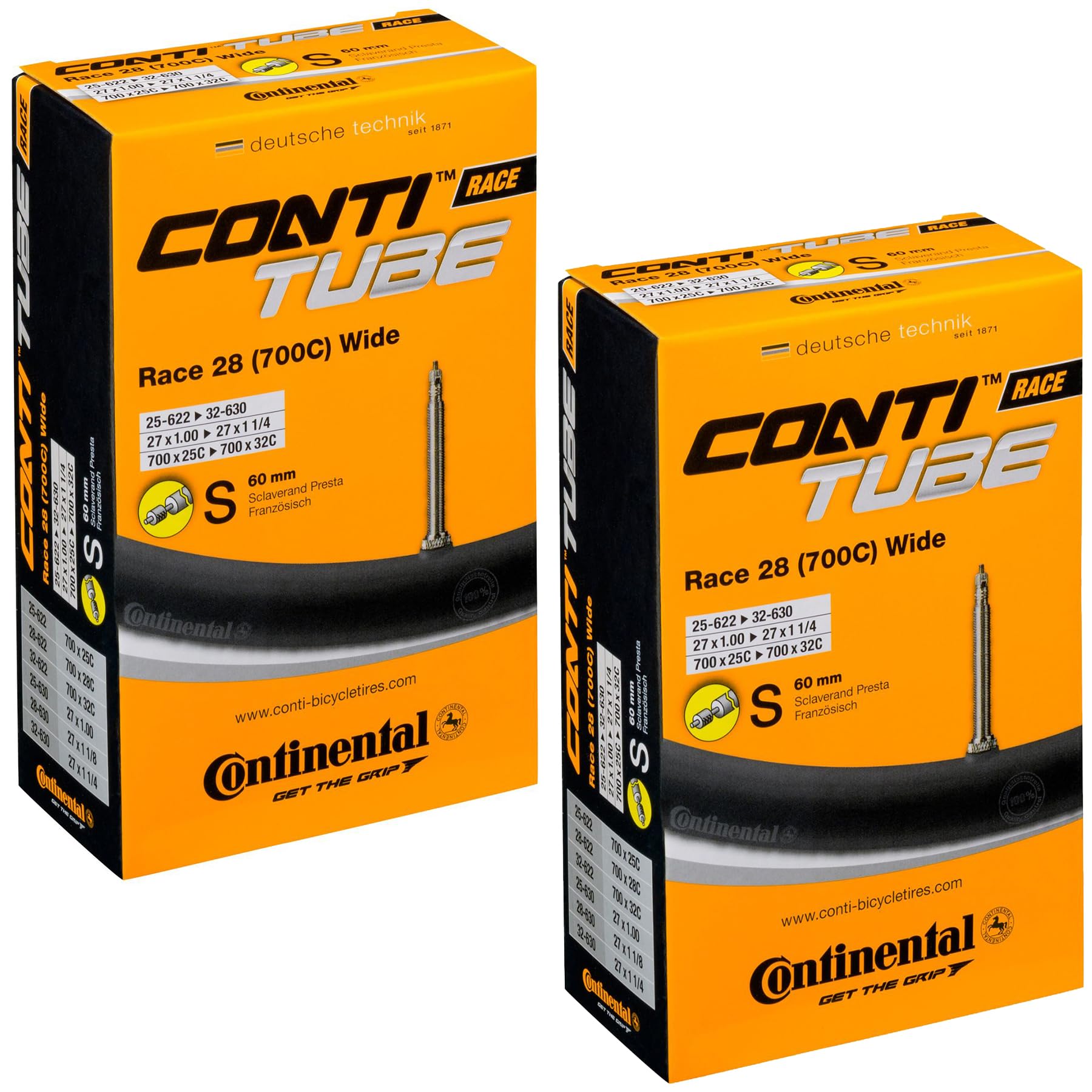 Continental Race 28 Wide 700x25-32c Inner Tubes - 60mm Presta Valve (Pack of 2 w/Conti Sticker)