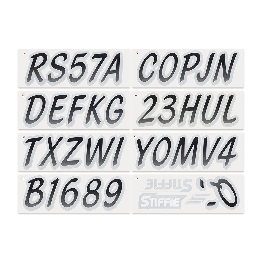 Stiffie Whipline Black/Silver Super Sticky 3 '' Alpha Numeric Registration Identification Numbers Stickers Decals For Sea-Doo Sp