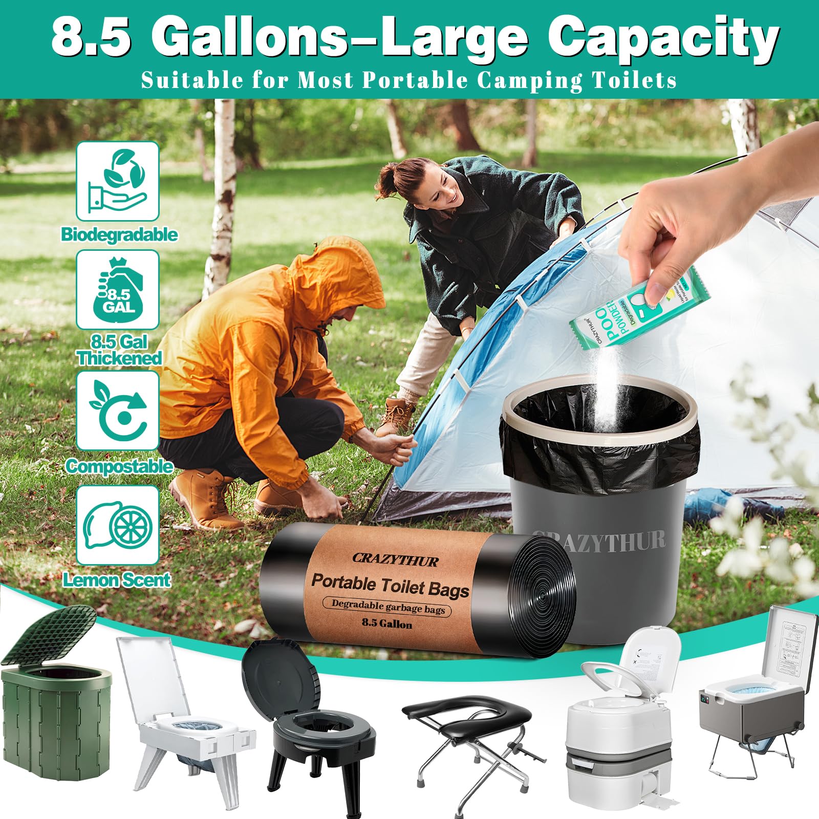 Crazythur 29Pcs Portable Toilet Bags With 25Pcs For Poo Powder Set, 8.5 Gallon Camping Toilet Bag Portable Toilets Absorbent Pow