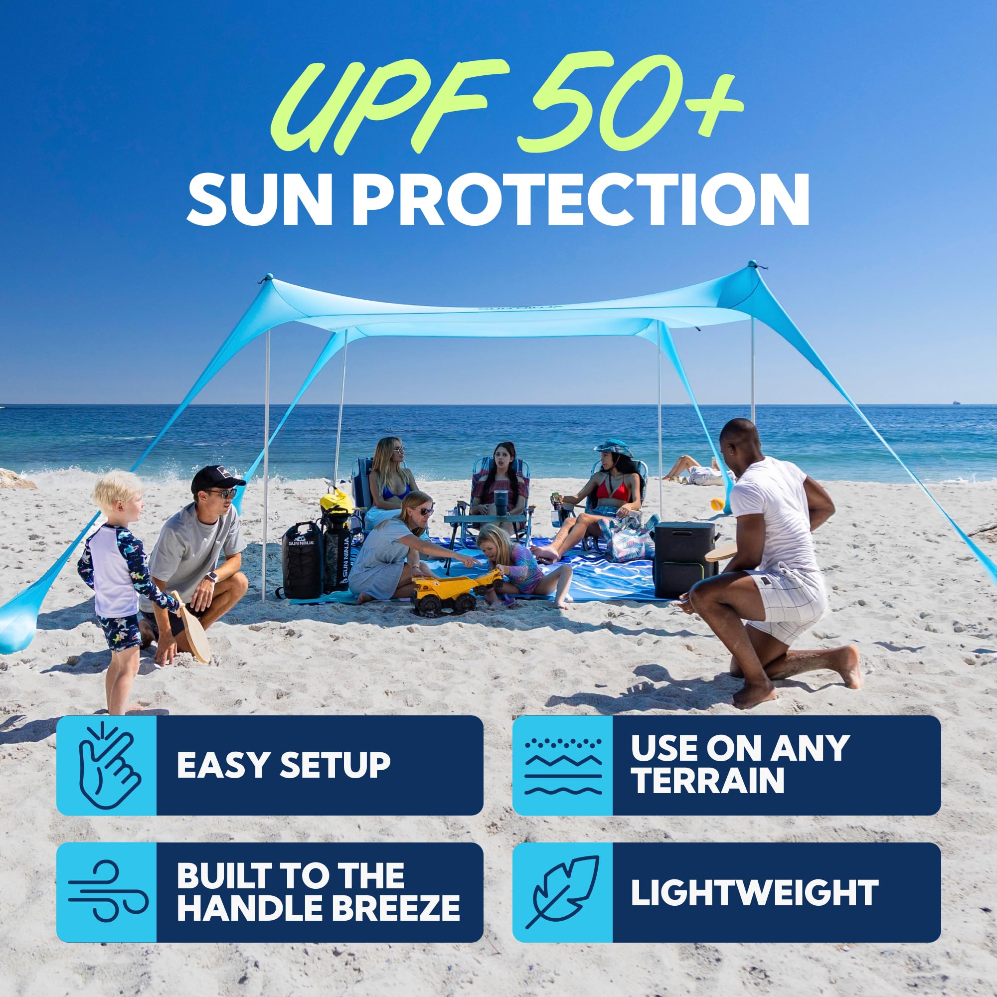 Sun Ninja Beach Tent Shelter With Upf50+ Protection, Includes Sand Shovel, Ground Pegs, Stability Poles, Outdoor Pop Up Shade Ca