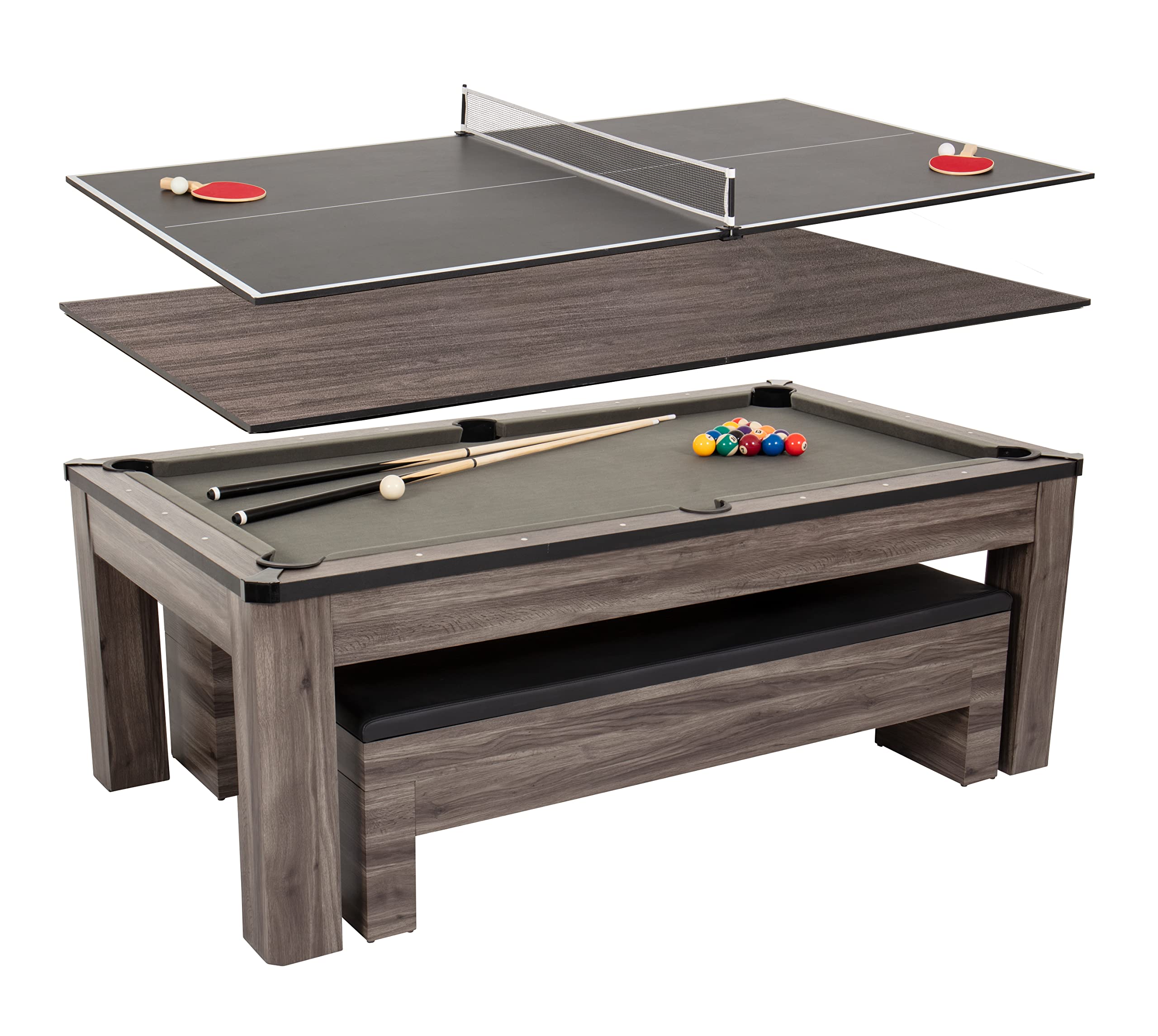 Atomic 7 Hampton 3-In-1 Combination Table Includes Billiards, Table Tennis, And Dining Table With Dual Storage Bench Seating, Gr