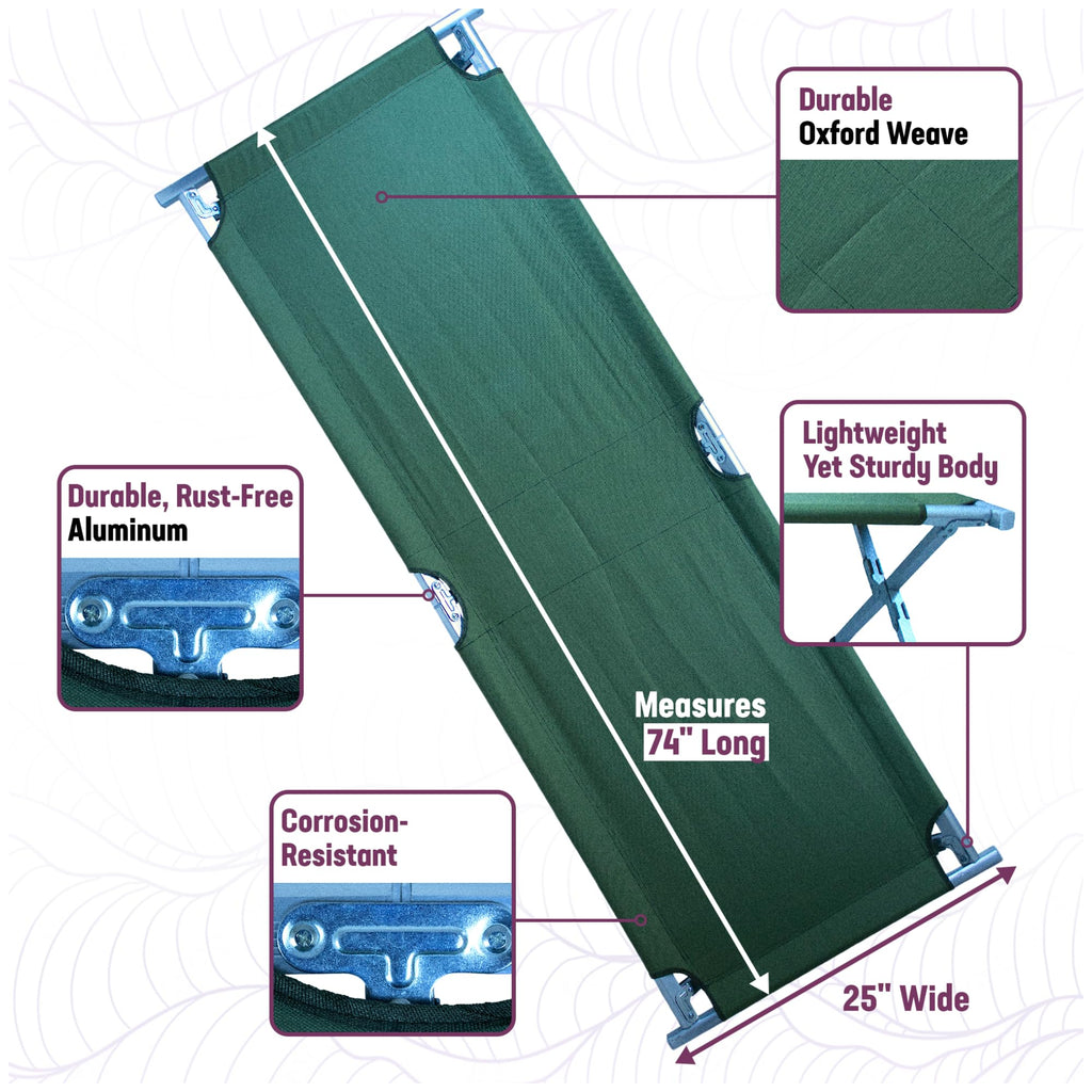 Kemp Usa Green Multipurpose Aluminum Camping & Military Portable Folding Cot, Extremely Lightweight & Durable