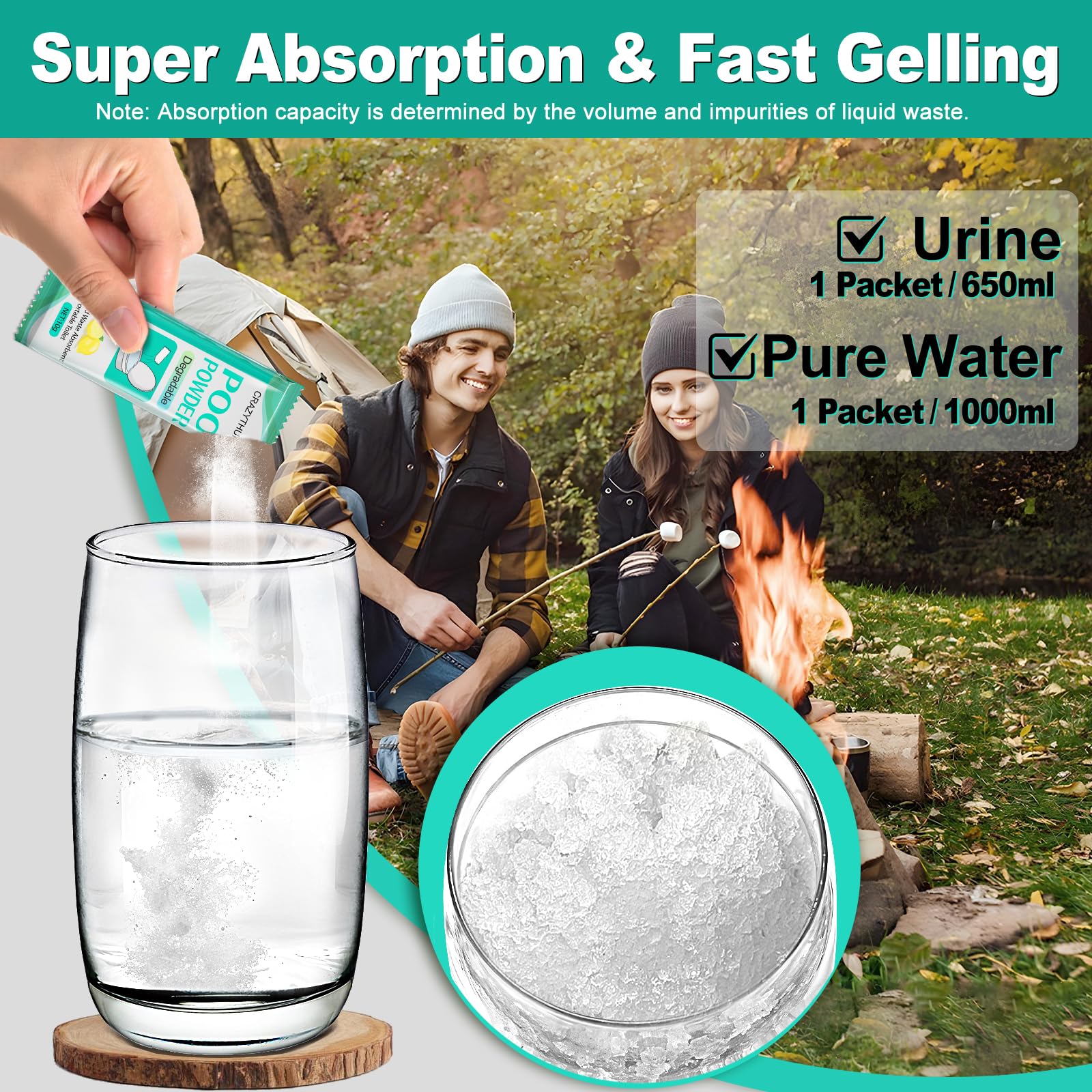 Crazythur Poo Absorbent Gel Powder, 25Pcs Portable Toilet Gel, Camping Toilet Gels, Porta Potty Chemicals,Portable Toilets Powde