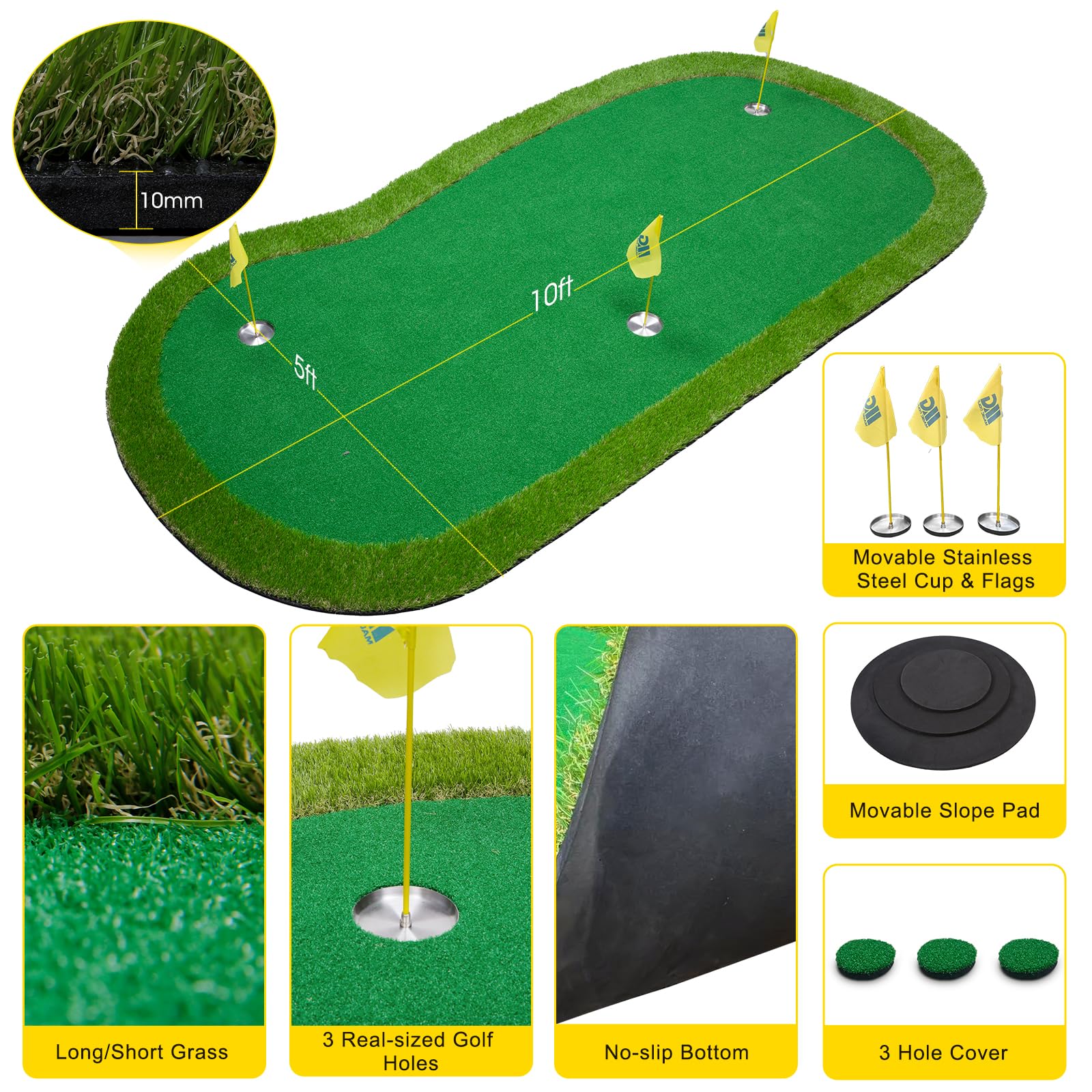 Golf Putting Green Large Golf Mat Practice Indoor Outdoor - 5 X 10 Ft Pro Putting Trainer Golf Game For Home Backyard Office