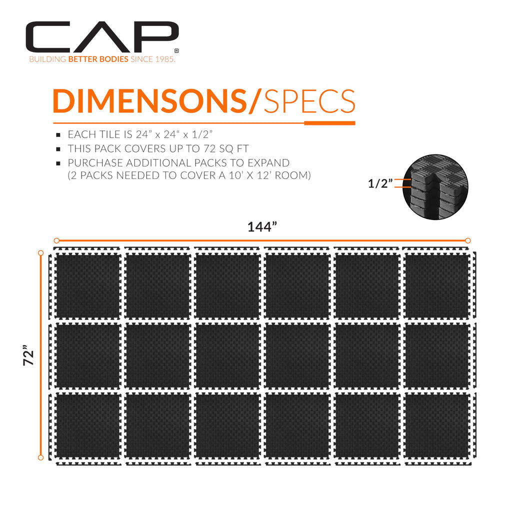 Cap Barbell 1/2-Inch Interlocking Eva Foam Exercise Puzzle Mats - 3 Pack | 24'' X 24'' X 1/2'' | Tatami Pattern - Black
