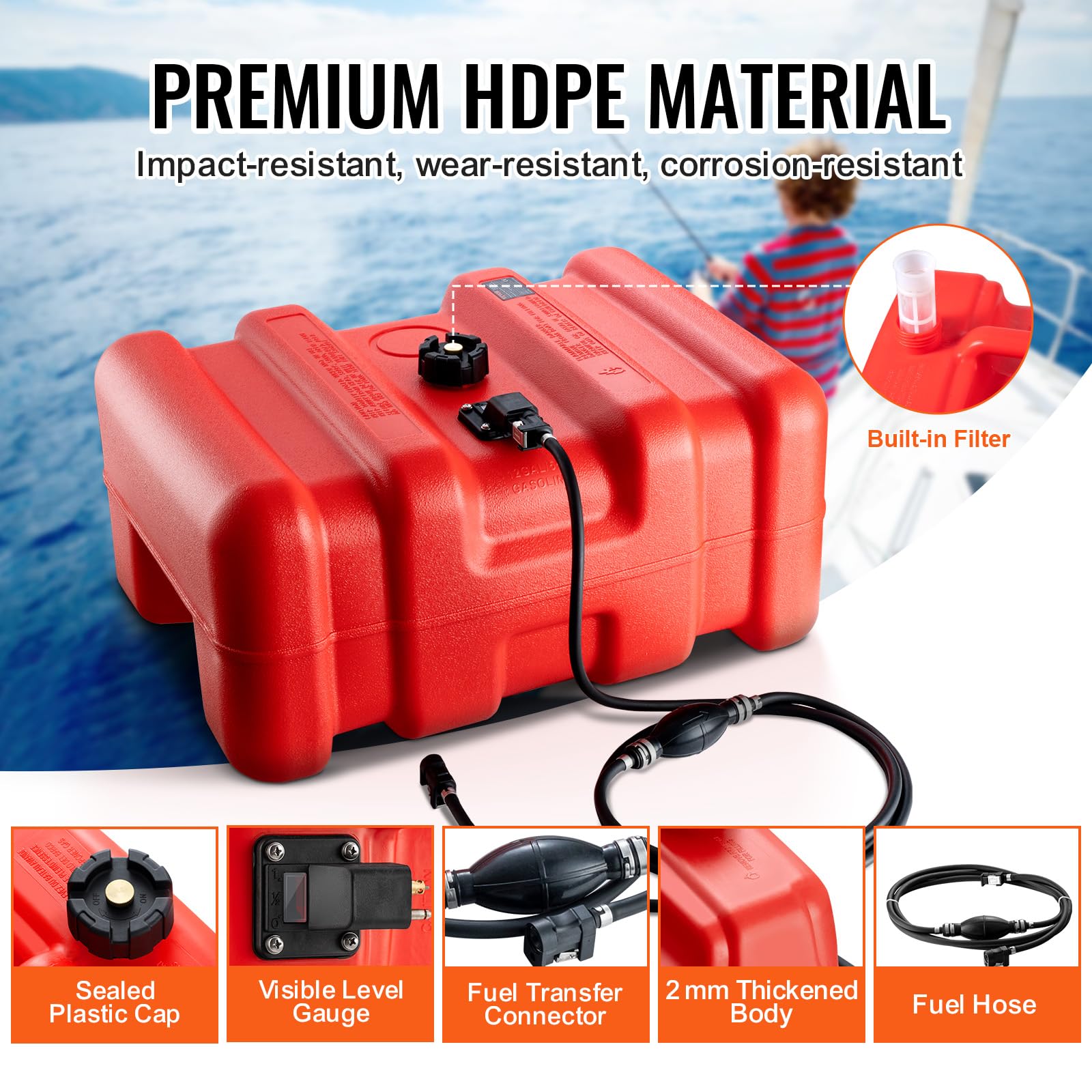 Vevor Marine Tank, 6.34-Gallon/24-L Marine Portable Tank Outboard Marine Boat Transfer Tank With 9.8Ft Hose, Gauge For Outboard