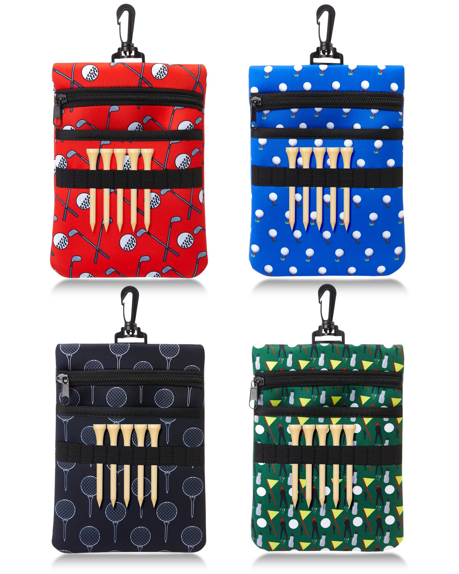 Klyyo Clyro 4 Pcs Golf Tee Pouch Bag with Zipper & Metal Lobster Claw Clip, Neoprene Golf Accessory Holder Bag for Balls, Marker