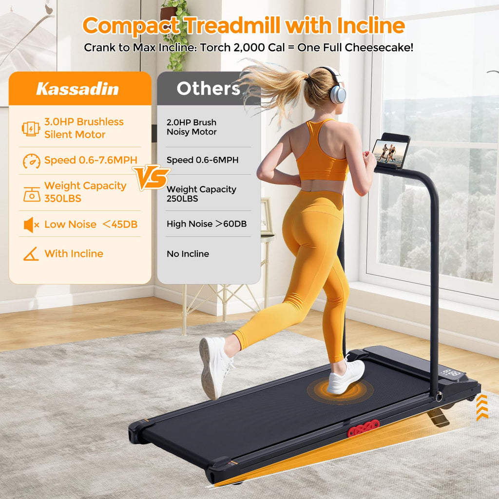 Folding Foldable Walking Pad Treadmill with Handle Bar and Incline, 3.0HP Portable Electric Treadmills with Handles for Home Sma