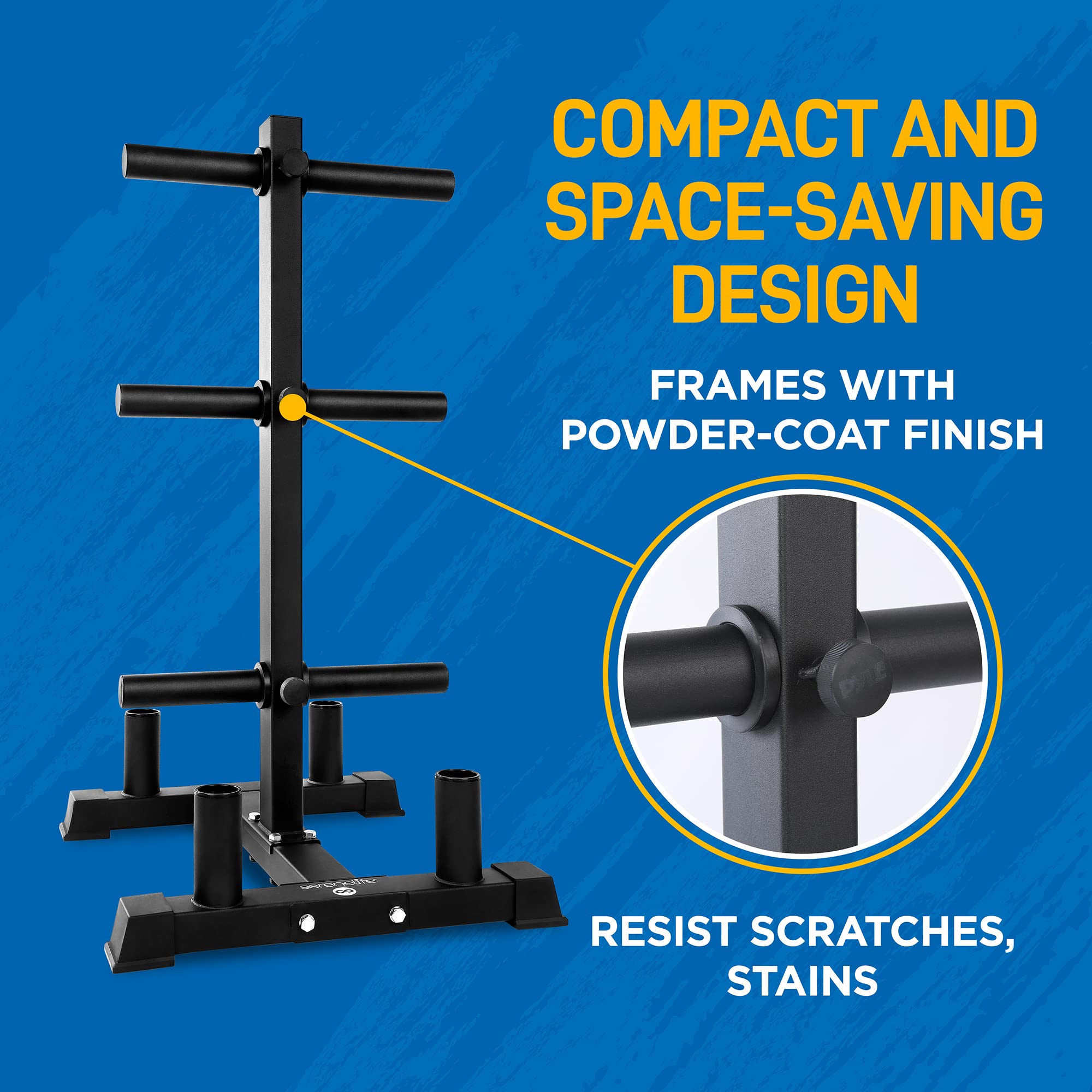 SereneLife 6-Pegs Olympic Weight Plate Rack & 4 Barbells - 800 Pounds Capacity, Heavy Duty Gym Organizer, Scratch Resistant Fram