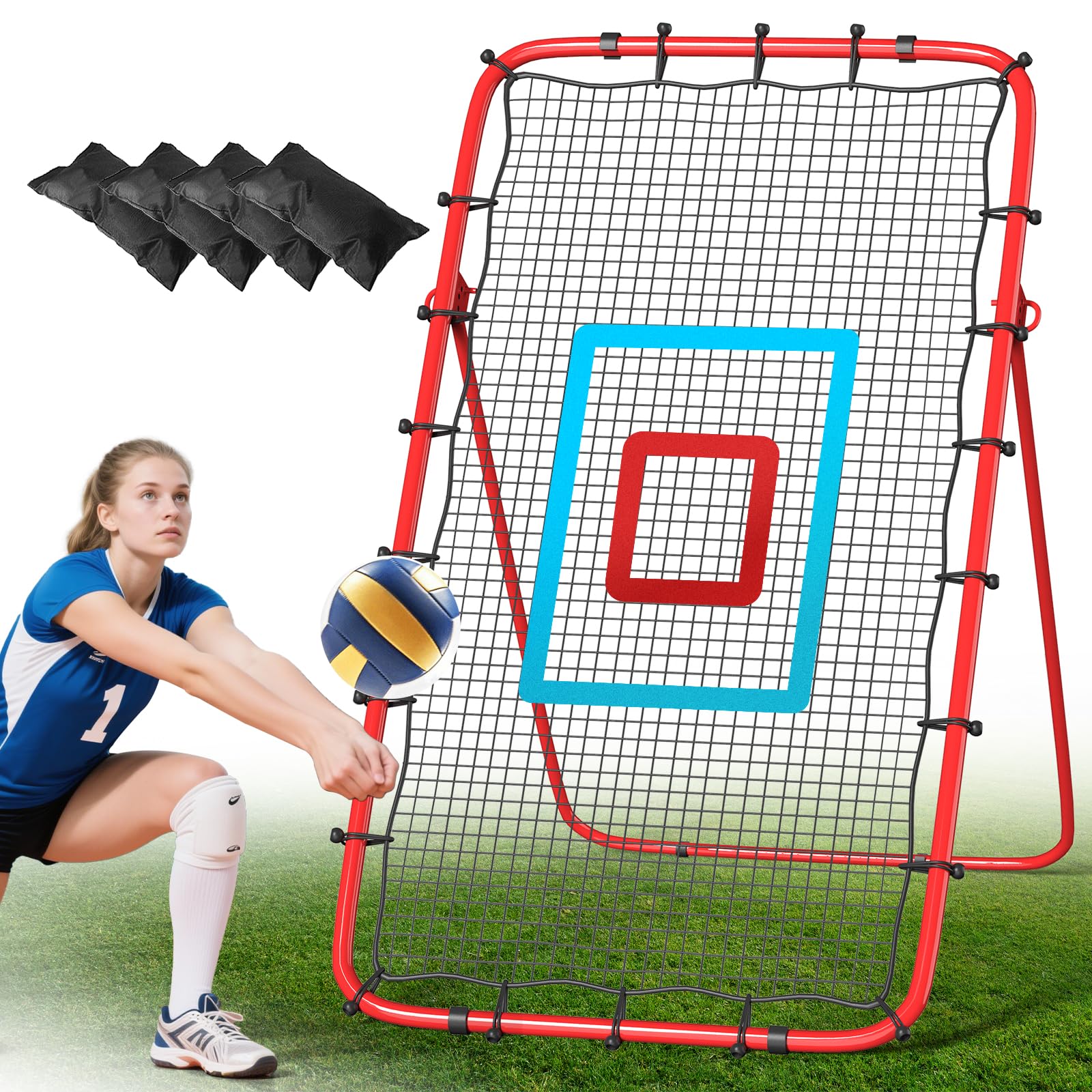 Volleyball Rebounder Net 7x4 Ft, 5-Angle Adjustable Rebounder Net for Practicing Digging, Setting, Spiking, Bounce Back Training