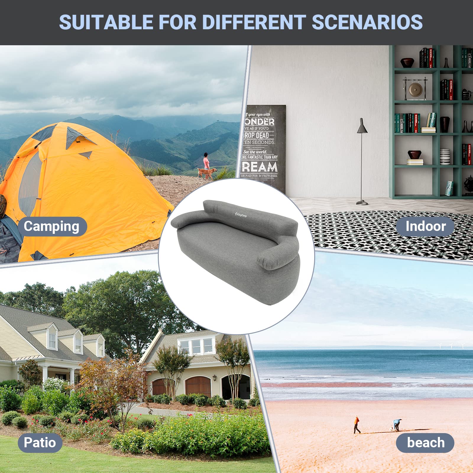 Kingcamp Double Inflatable Couch For Camping, Portable Foldable Eco-Friendly Reach-Certified Pvc Liner Air Lounger 2-Person Blow