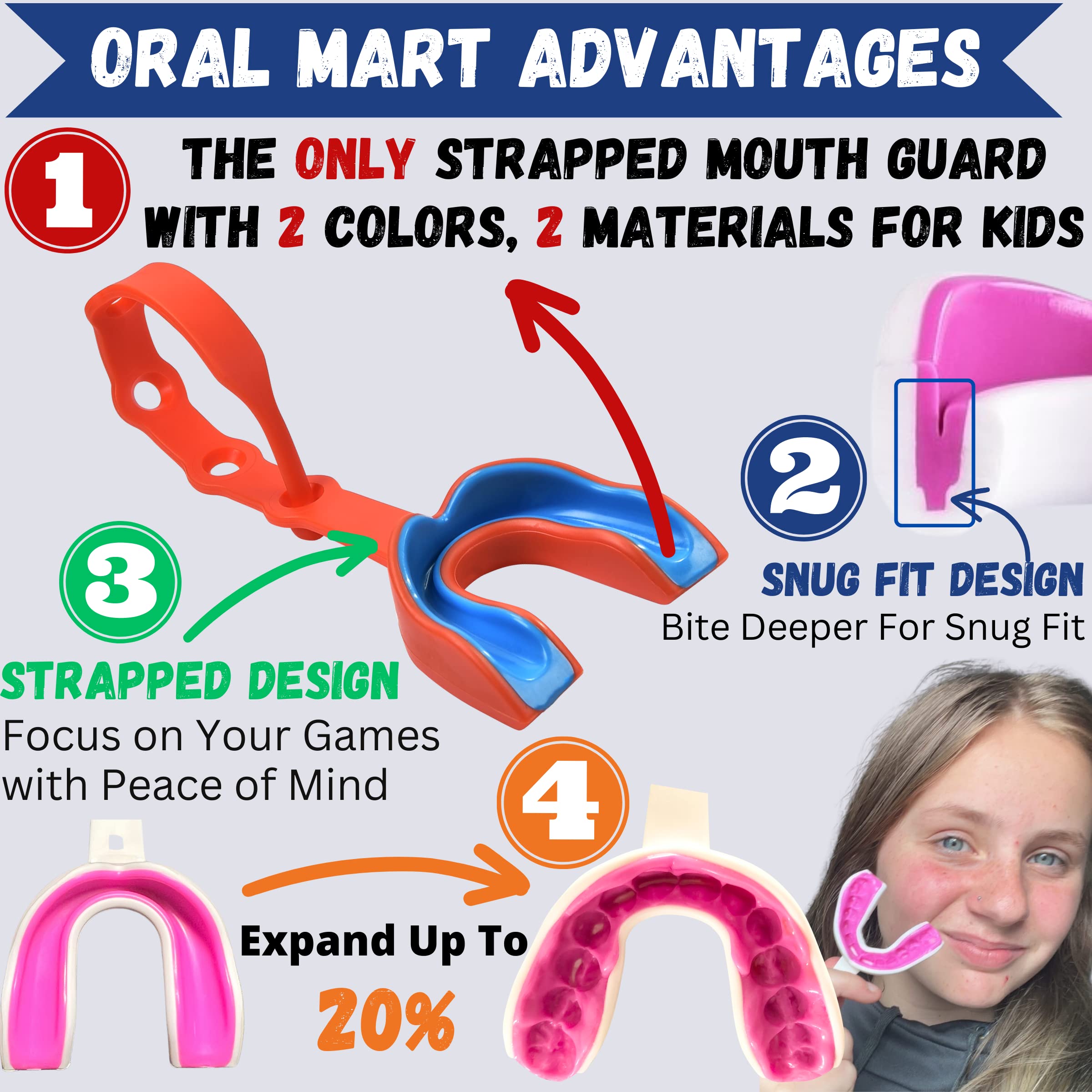 Oral Mart Orange/Blue Strapped Youth Mouth Guard For Kids - Sports Mouthguard With Strap For Football, Ice Hockey, Lacrosse, Tae