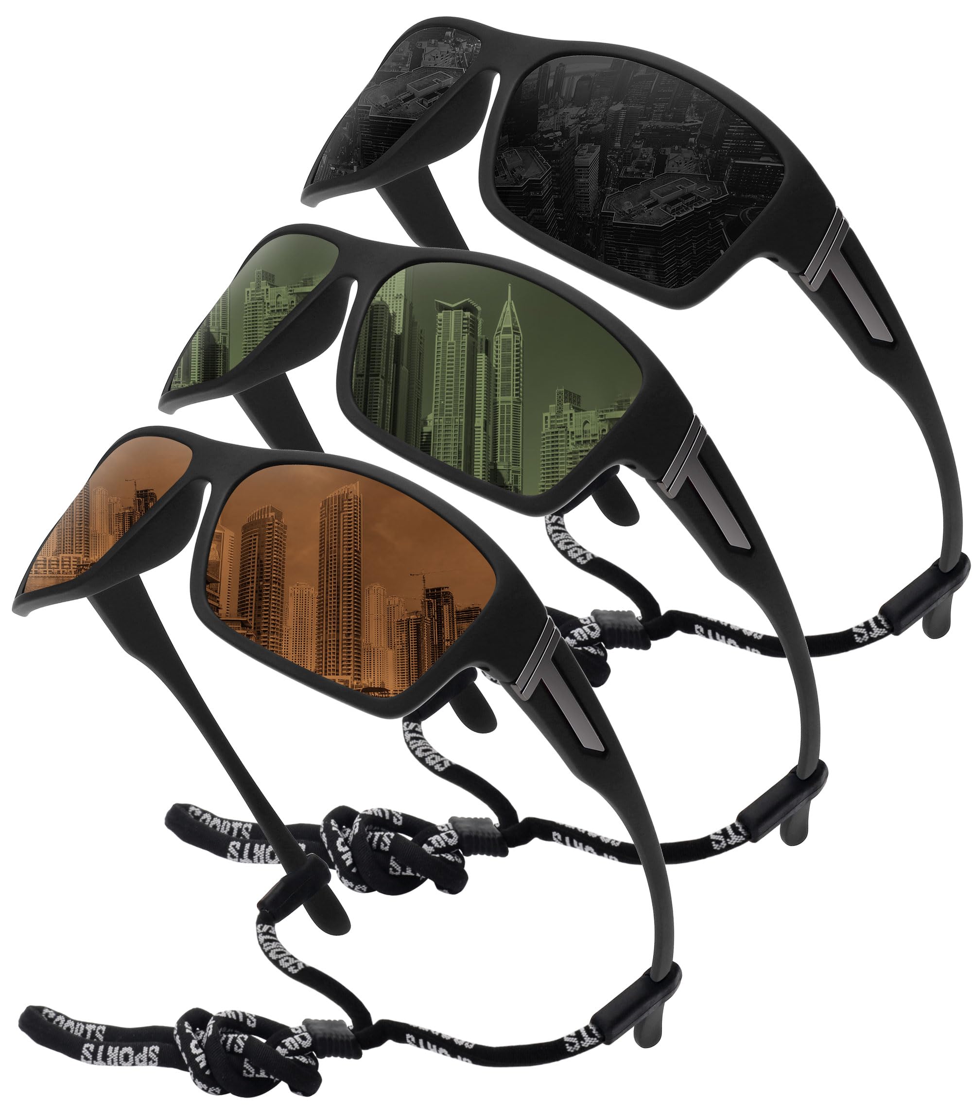 Storycoast Polarized Sports Sunglasses For Men Women Unbreakable Frame Cycling Fishing Driving 3Pack Black+Black/Brown+Black/Dar