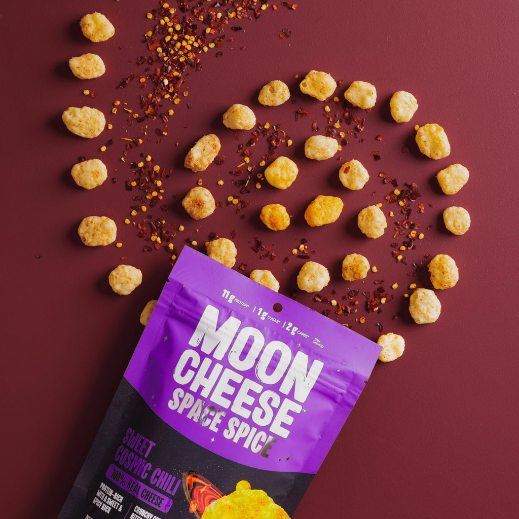 Moon Cheese Space Spice, Sweet Cosmic Chili, Crunchy, Protein-Rich Cheese Snack, Keto Friendly, 100% Real Cheese, Low Carb, Glut