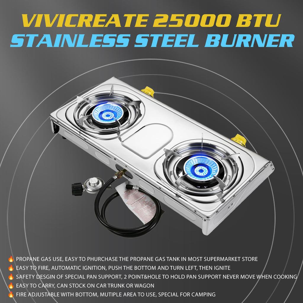 Vivicreate 25000 Btu 2 Burner Stainless Steel Panel Auto Ignition Camping Propane Gas Outdoor Garden Garden Fishing Hiking Camp