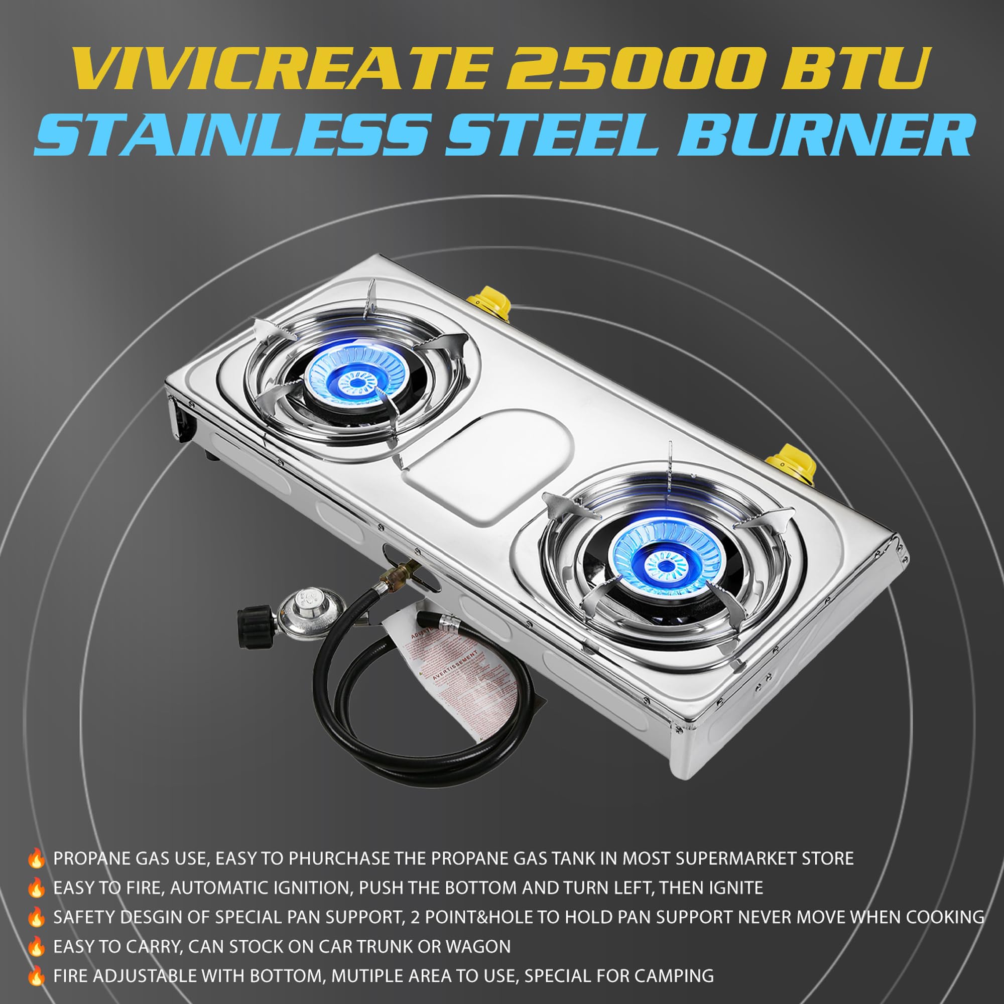 Vivicreate 25000 Btu 2 Burner Stainless Steel Panel Auto Ignition Camping Propane Gas Outdoor Garden Garden Fishing Hiking Camp