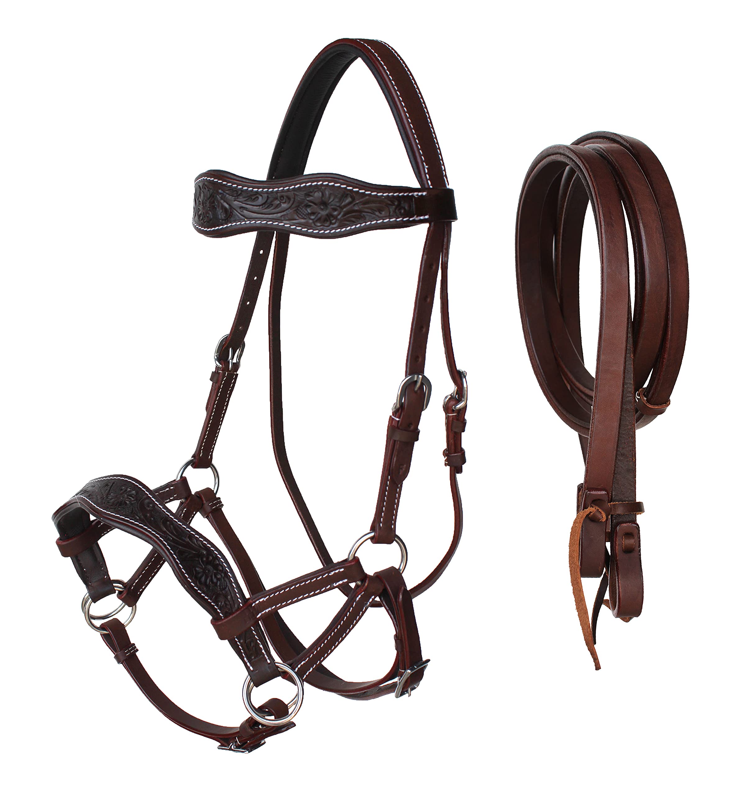 Challenger Horse Western Leather Floral Bitless Sidepull Bridle Split Reins 77Rs28Br