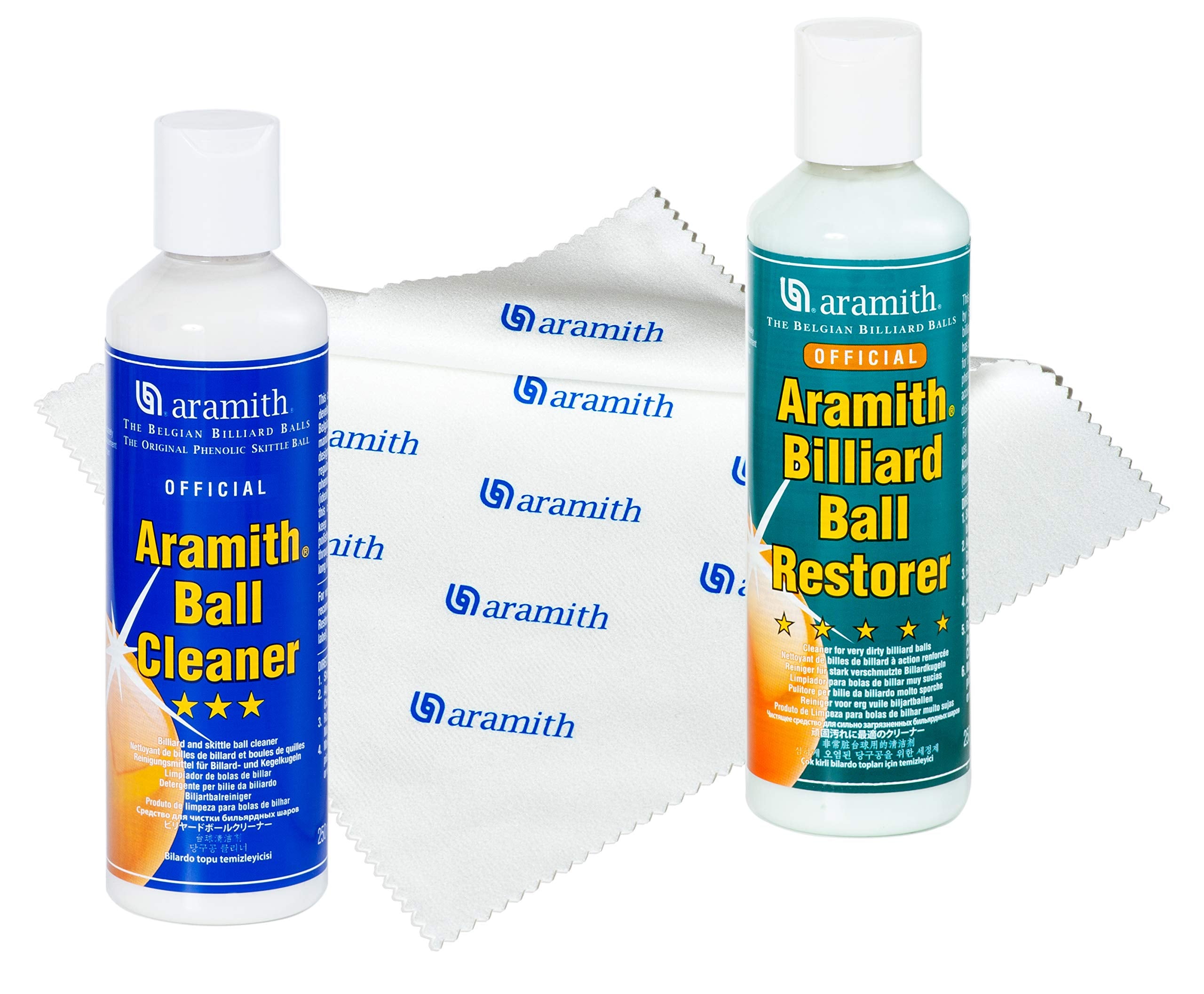 Aramith Bundle Of 3 Items Billiard Ball Cleaner, Billiard Ball Restorer 8.4 Fl.Oz. Bottles Microfibre Cloth