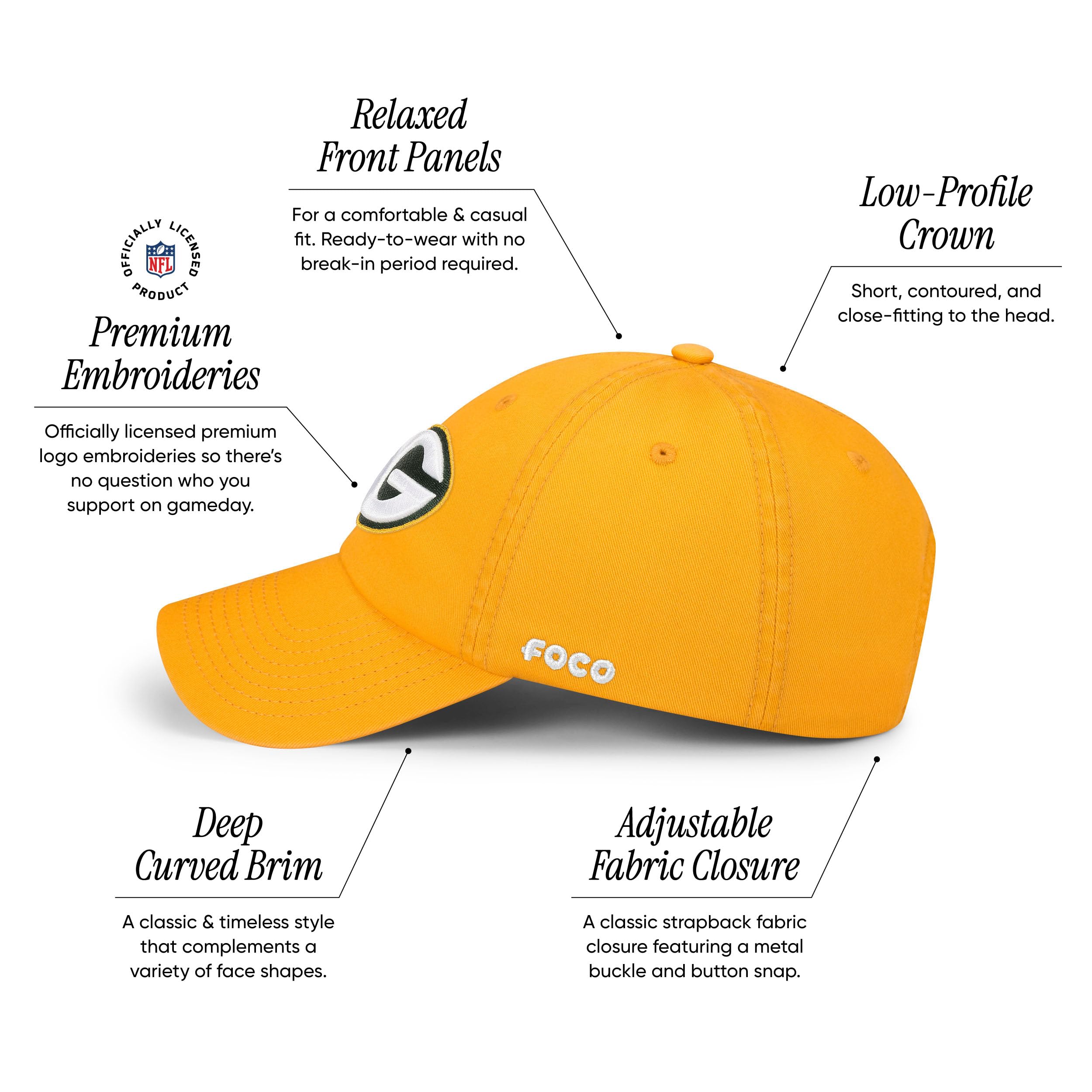 Foco Men'S Green Bay Packers-Gold Cap Nfl Logo Casual Hat, Team Color