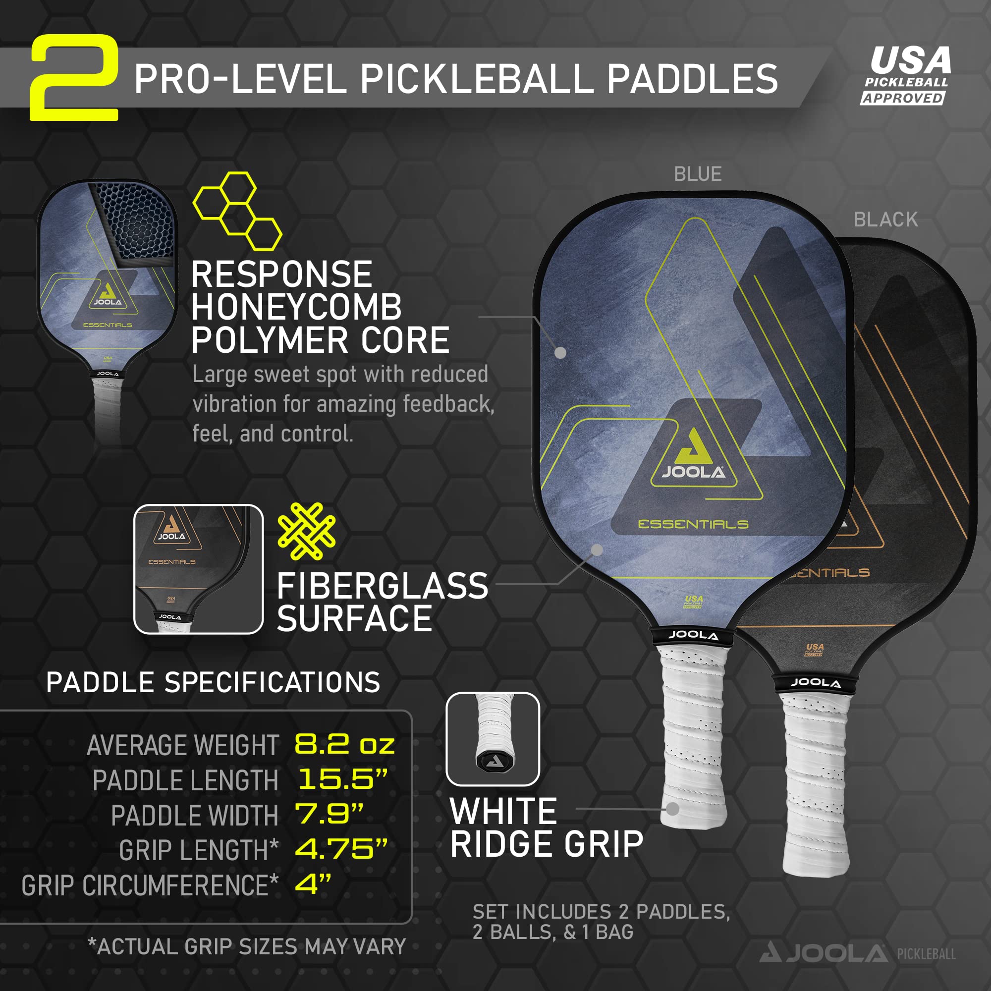 Joola Essentials Pickleball Paddles Set With Reinforced Fiberglass Surface And Honeycomb Polypropylene Core - Pickleball Set Inc