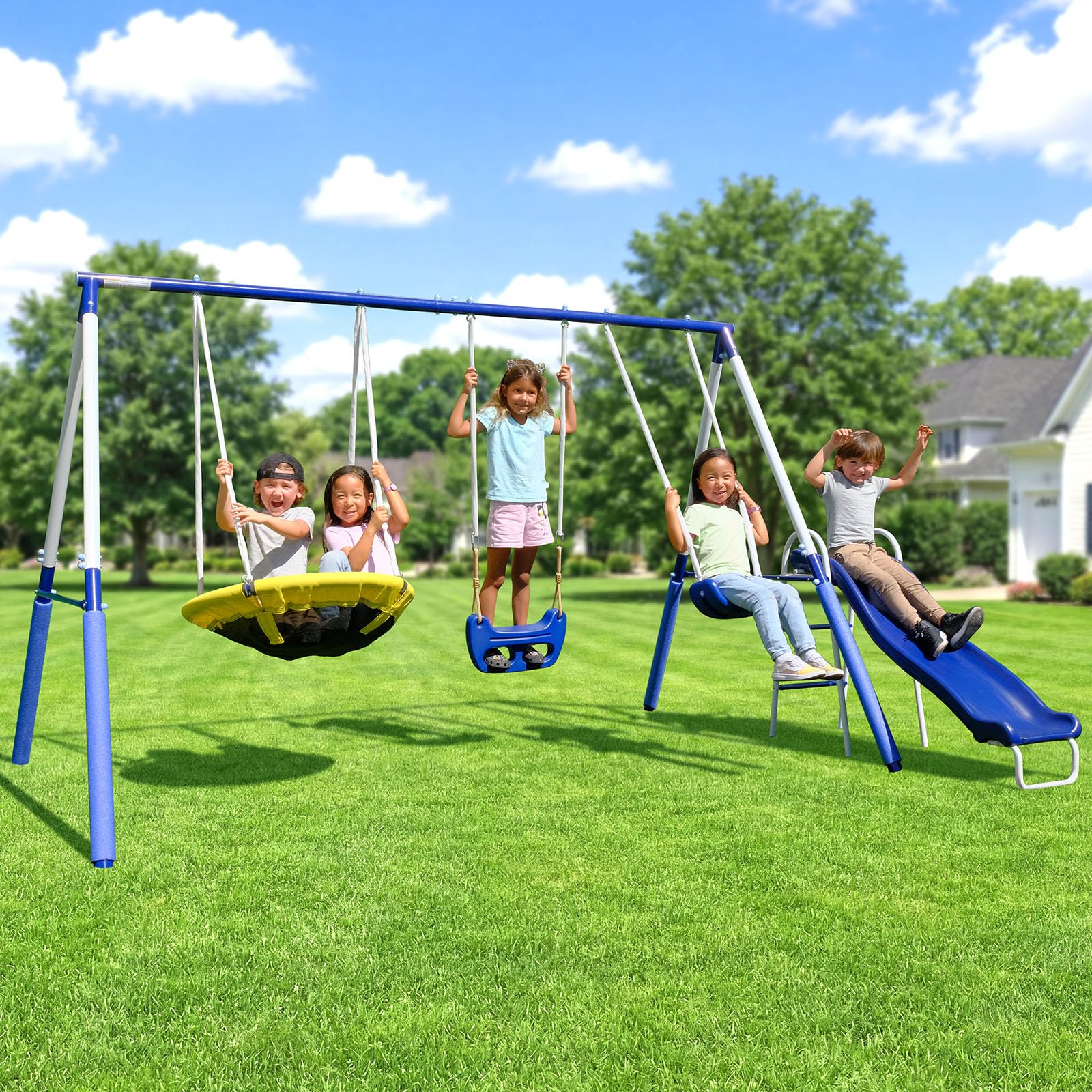 Sportspower Fairbrook Backyard Metal Swing Set for Kids, 500 lb Capacity - Saucer, Standing Swing, Blow-Molded Swing, 5ft Slide,
