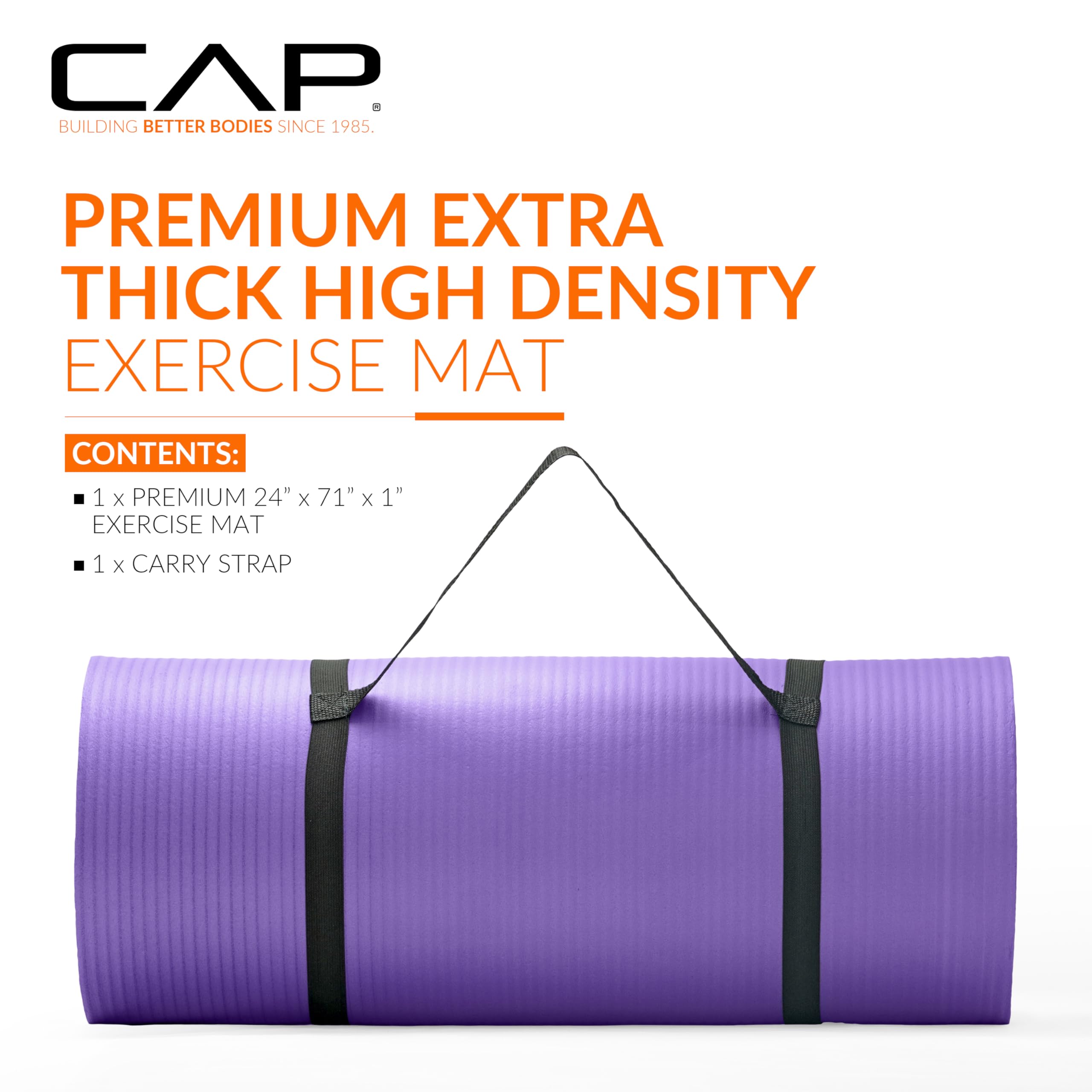 Cap High Density Exercise Mat With Strap, 74''X24''X1'' - Purple