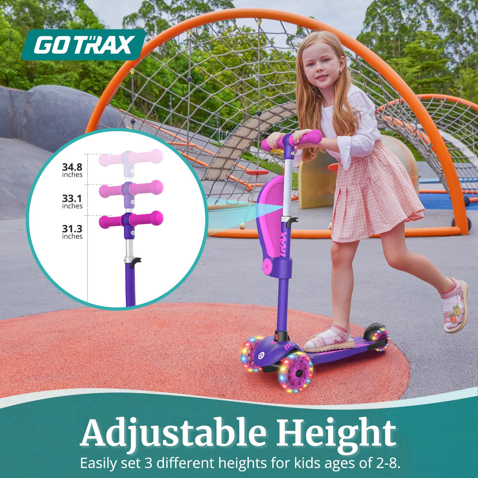 Gotrax KS3 Kids Kick Scooter, LED Lighted Wheels, Adjustable Handlebars and Removable Seat, Lean-to-Steer & Widen Anti-Slip Deck