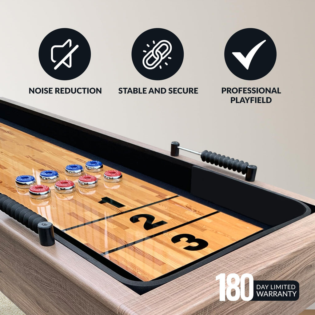 Hathaway Excalibur 9-Ft Shuffleboard Table For Great For Family Recreation Game Rooms, Designed With A Rustic Driftwood Finish W