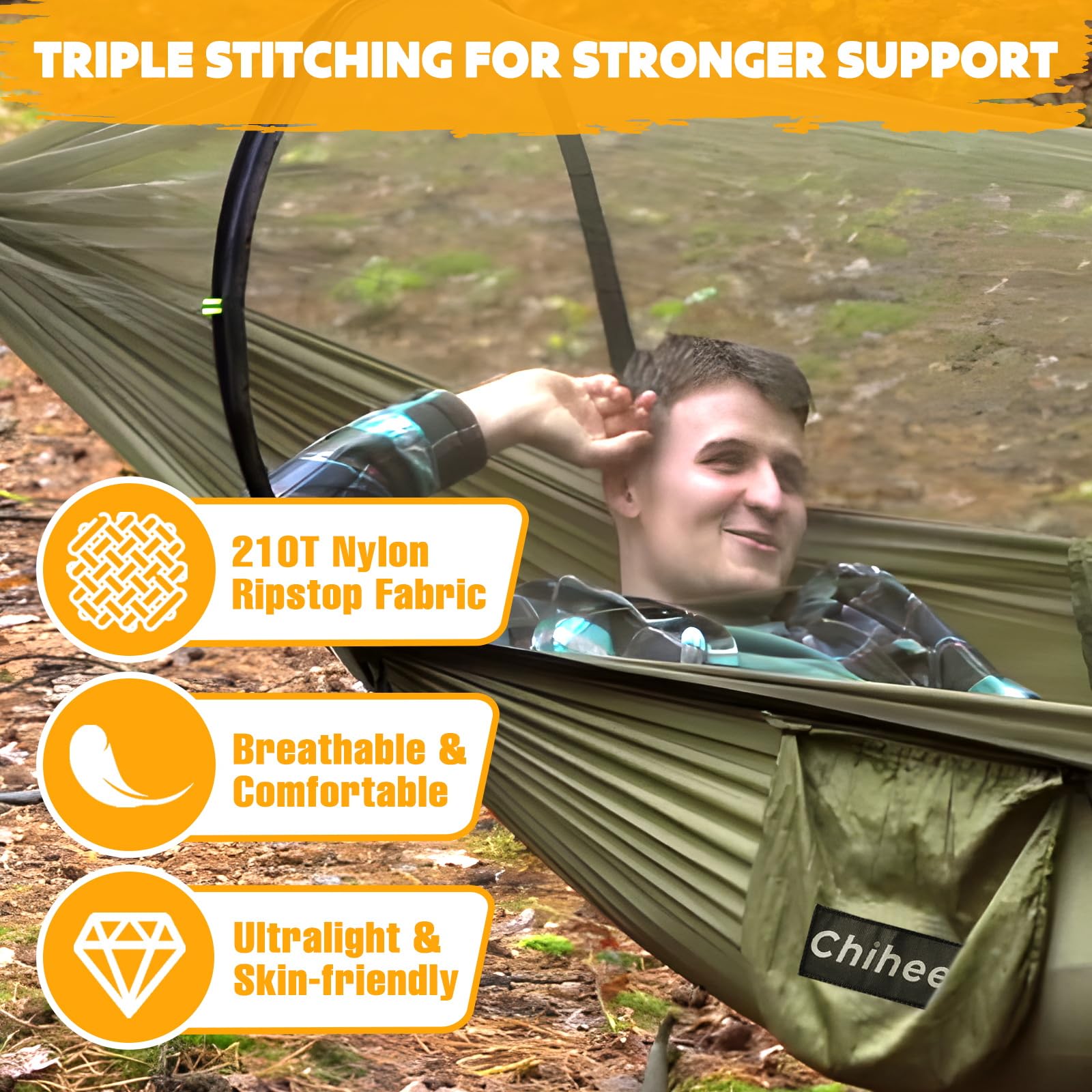 Chihee Ultra-Light Travel Camping Hammock Pop-Up Net Hammock 660Lbs Load Capacity,Breathable,Quick-Drying Parachute Nylon 2 Prem