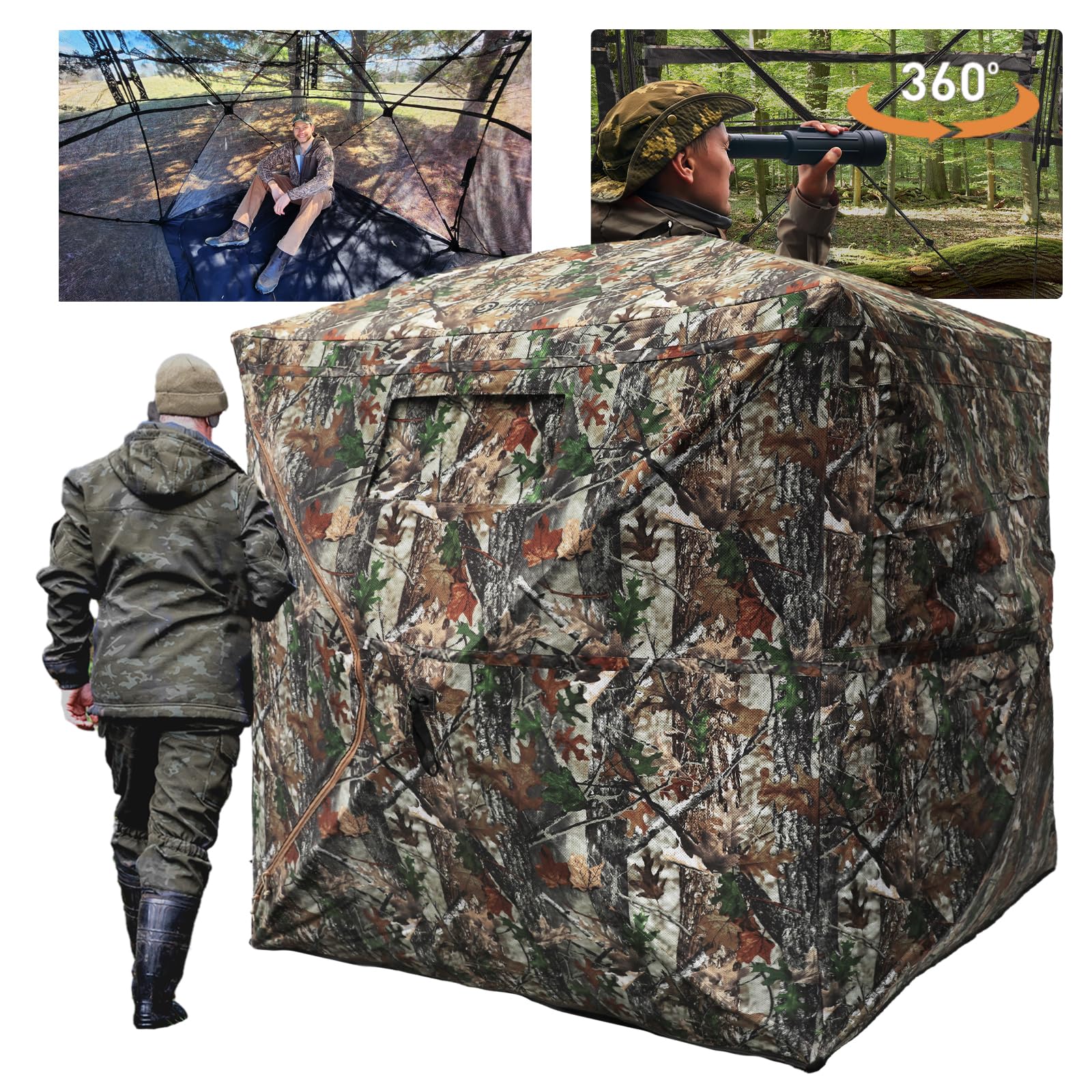 Funhorun Hunting Blind With Floor Mat, 360 Degree See Through Ground Blind With Carrying Bag, 2/3 Person Pop Up Camouflage Tent