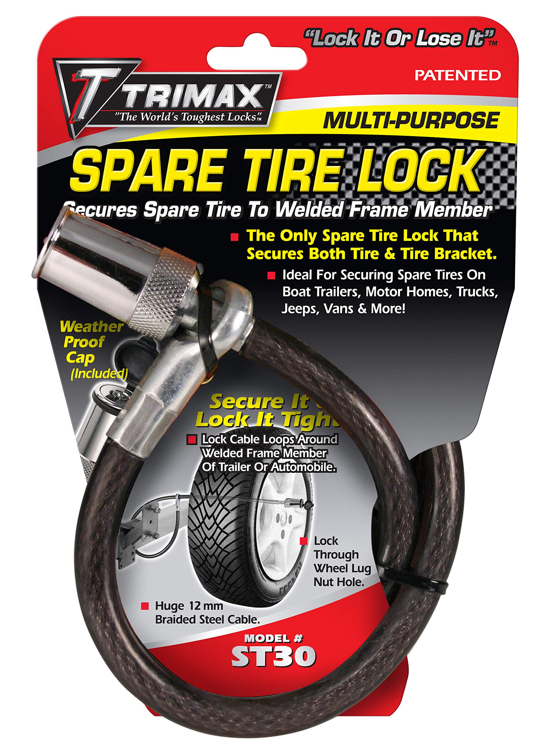 Trimax St30 Trimaflex Spare Tire Cable Lock (Round Key) 36'' X 12Mm,Black / Chrome