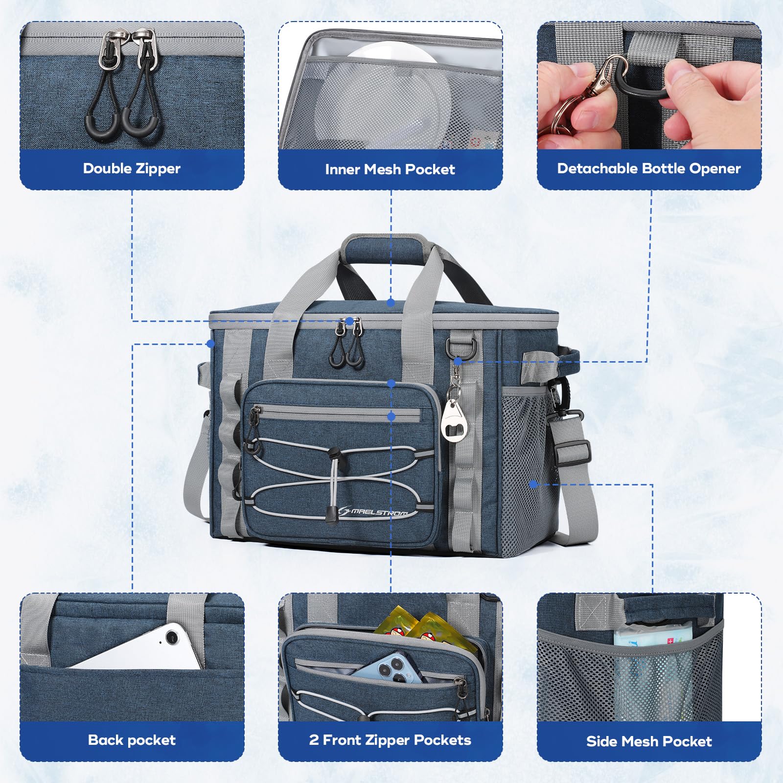 Maelstrom Soft Cooler Bag - 40 Cans Collapsible Insulated Leakproof Camping & Travel Cooler For Kayaking, Beach - Blue