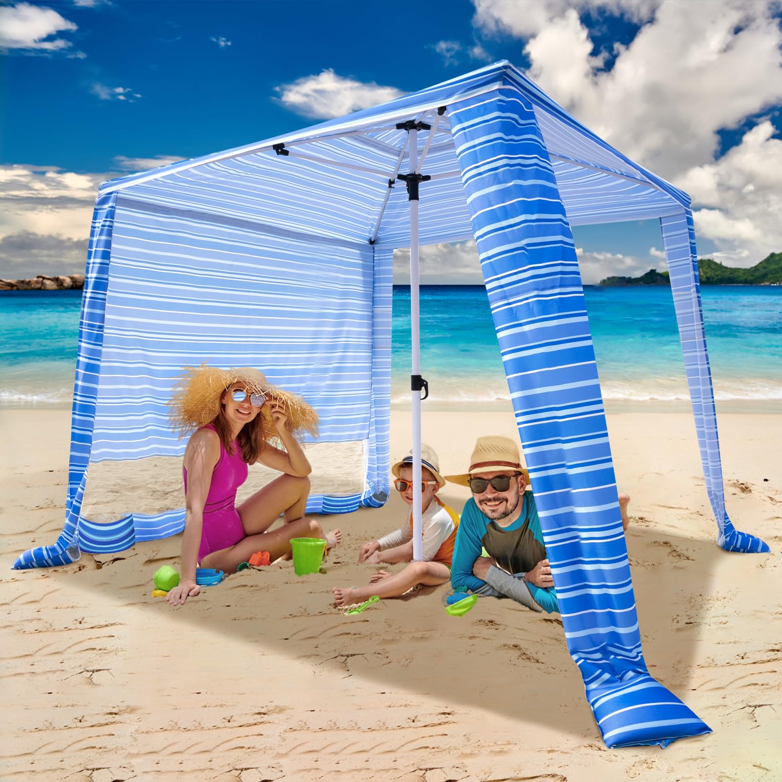 Beach Cabana - Cool 6.2X6.2 Upf 50+ Sun Shade, Easy Setup & Portable, Waterproof Canopy With Sand Pockets, Side Wall & Beach Umb