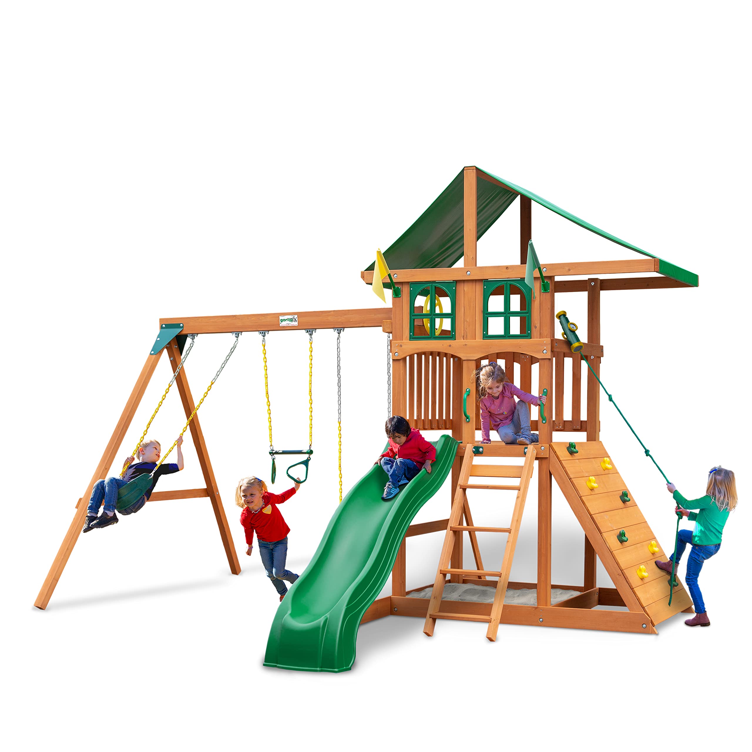 Gorilla Playsets 01-1077 Avalon Treehouse Wooden Swing Set with Oversized Green Vinyl Canopy Roof, Climbing Wall, Ladder, Swings
