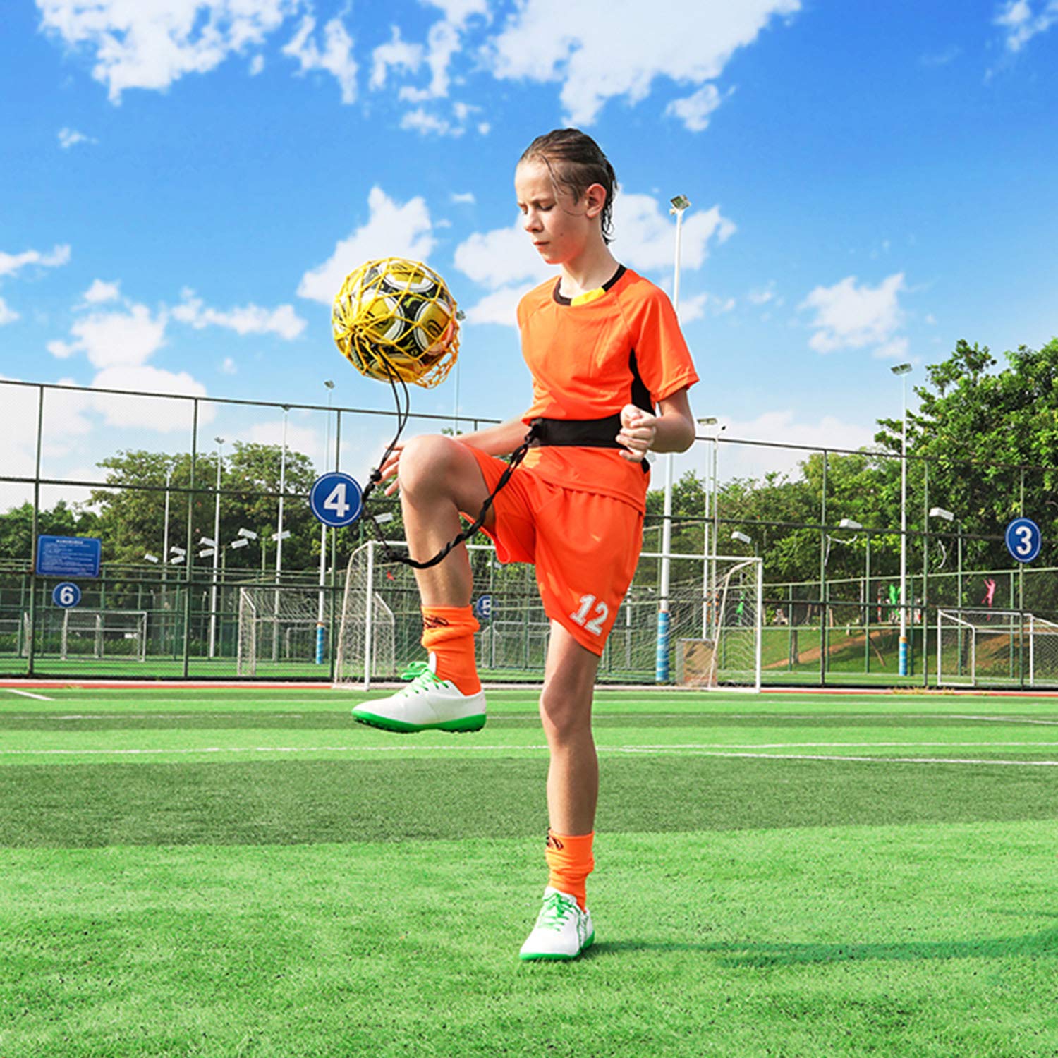 Podiumax Hands-Free Soccer Kick/Throw Trainer, New Ball Locked Net Design, Adjustable Waist Belt & Cord Suit For All Levels (Fit