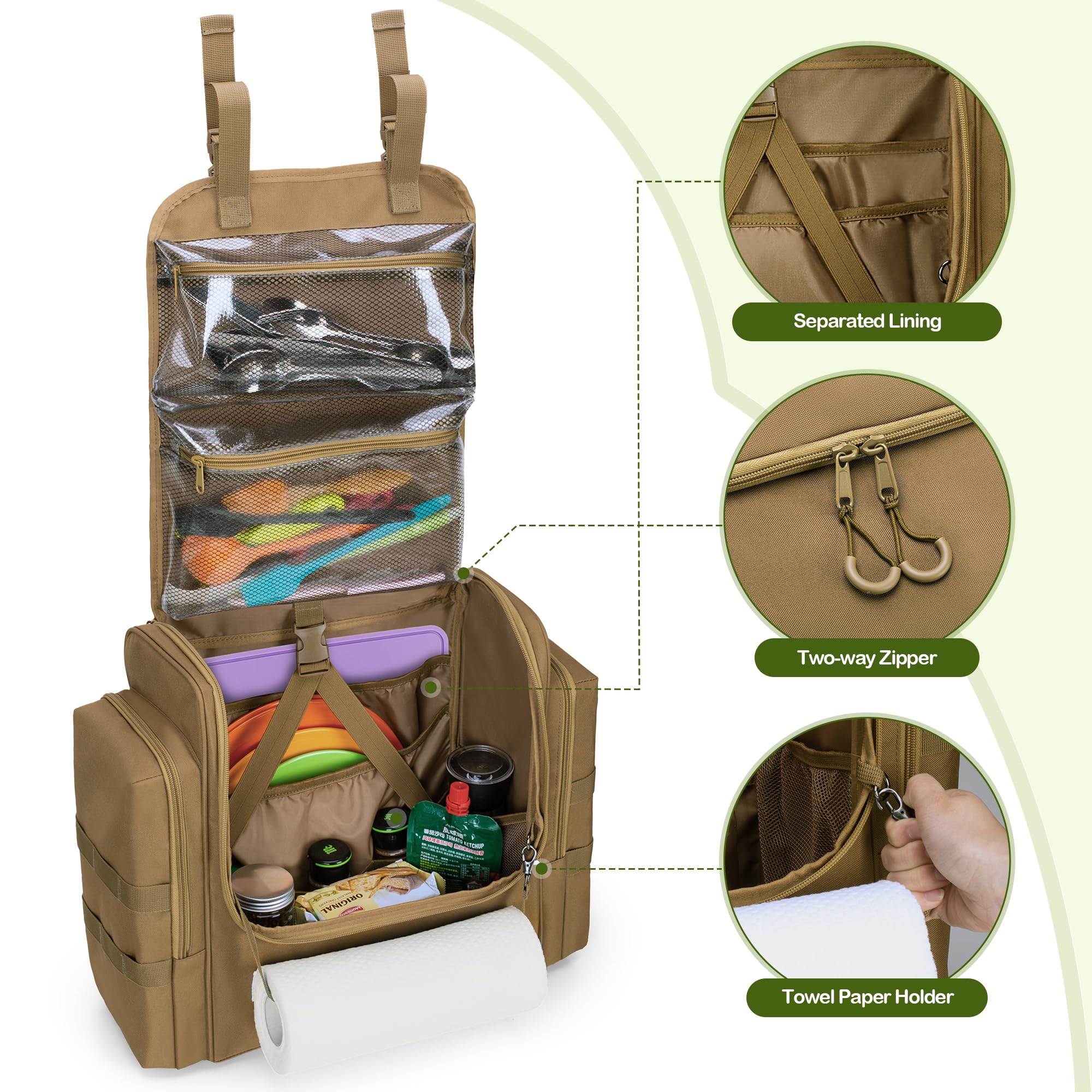 Hodrant Large Tactical Camping Kitchen Organizer, Hanging Cookware Storage Bag With Paper Towel Holder & Multi Pockets, Portable