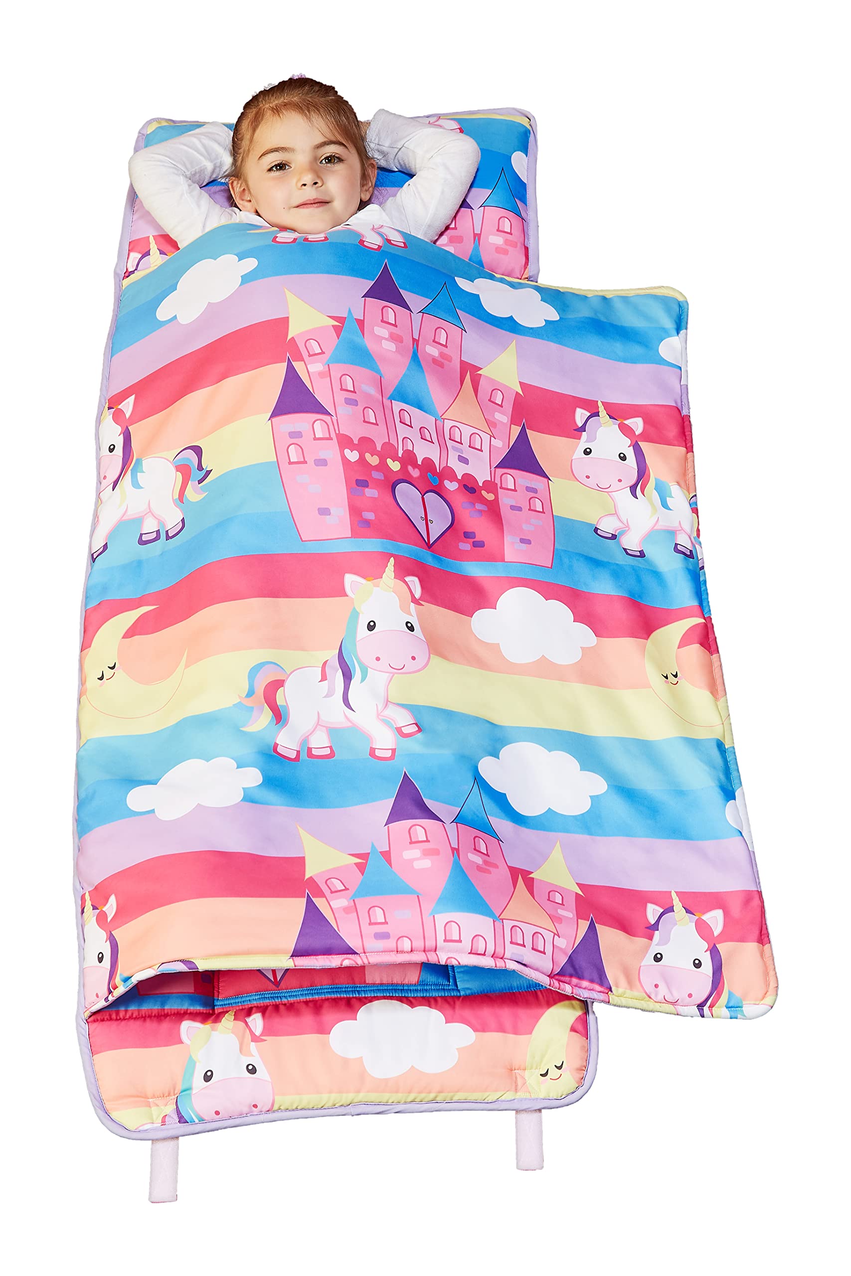 EVERYDAY KIDS Nap Mat with Removable Pillow - Unicorn Dreams - Carry Handle with Straps Closure, Rollup Design, Soft Microfiber 