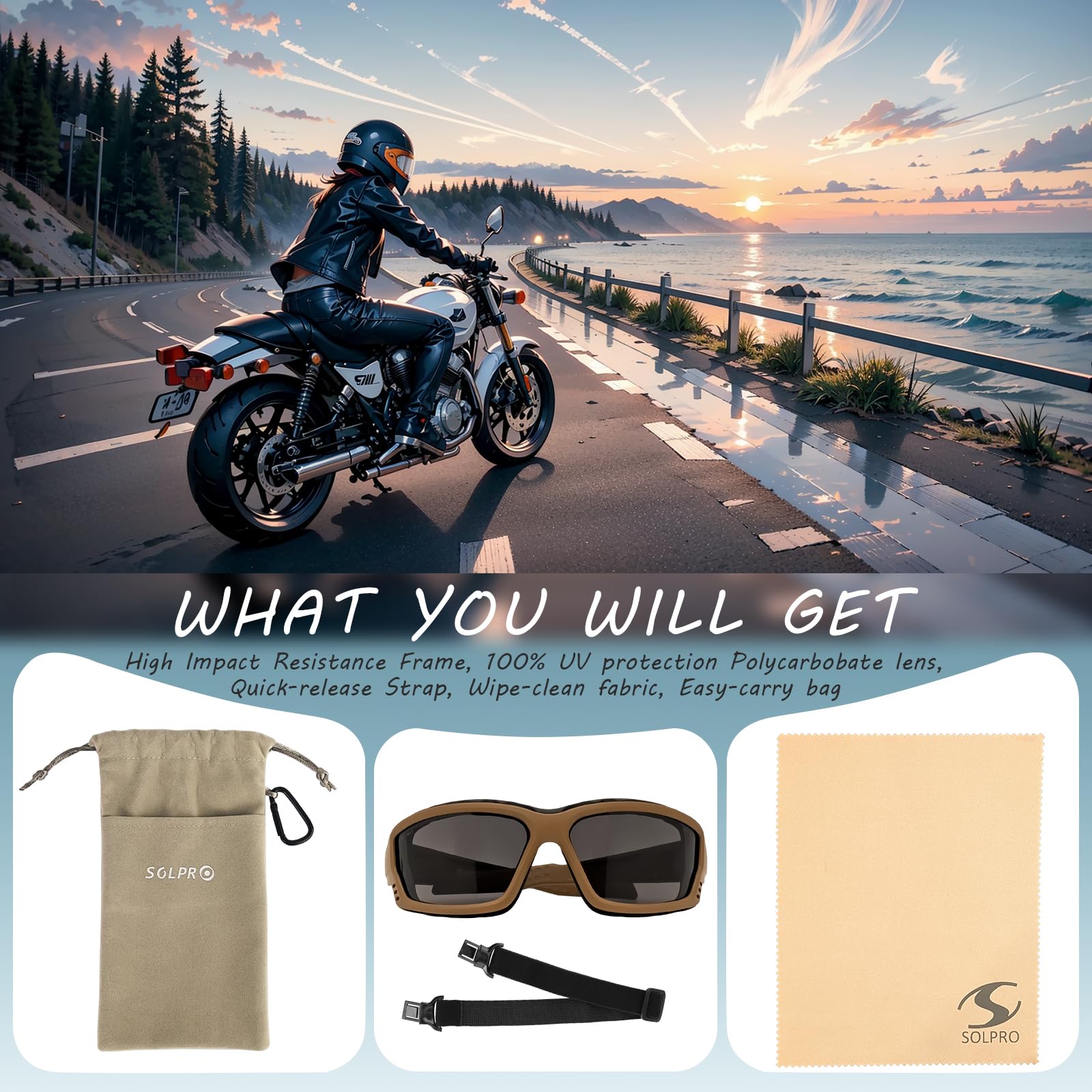 Sol Pro Powersports Goggle, Anti-Fog Safety Motorcycle Riding Sunglasses Foam Padded, Dustproof, Windproof, Hunting, Hiking, Mow