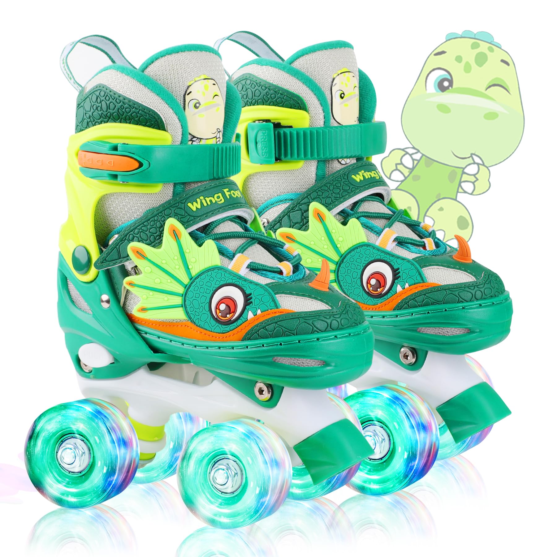 WESKIFAN Dino Kids Toddler Roller Skates for Boys Girls, Dinosaur Quad Skating Shoes with Shiny Light up Wheels&Adjustable Sizes