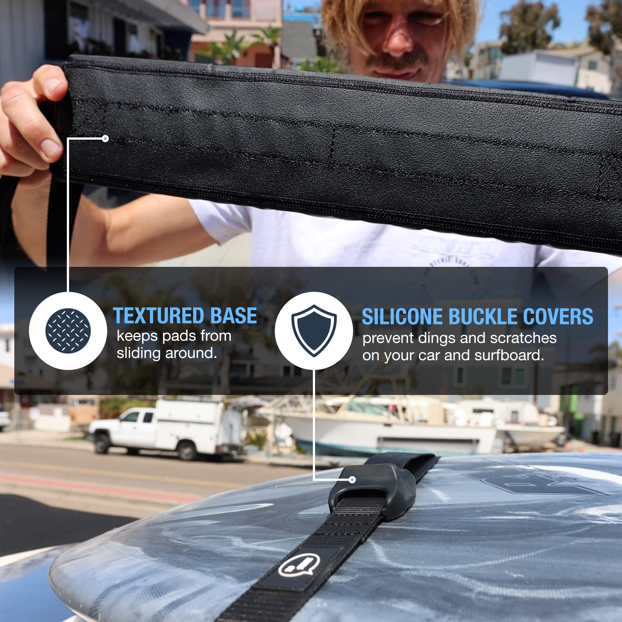 Ho Stevie! Surfboard Car Roof Rack Padded System (Holds Up To 3 Boards) With Silicone Buckle Covers