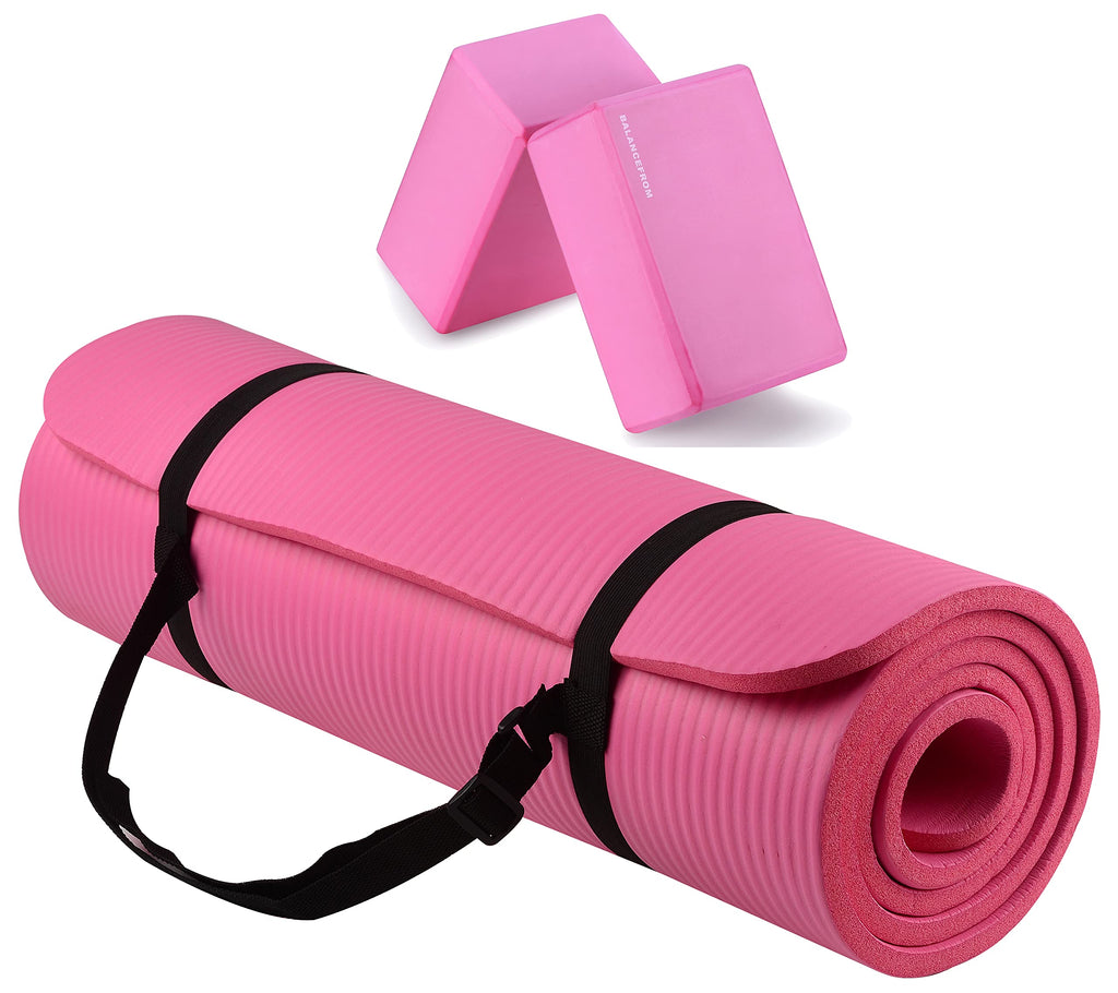 Fitvids All Purpose 1/2-Inch Extra Thick High Density Anti-Tear Exercise Yoga Mat With Carrying Strap And Yoga Blocks, Pink
